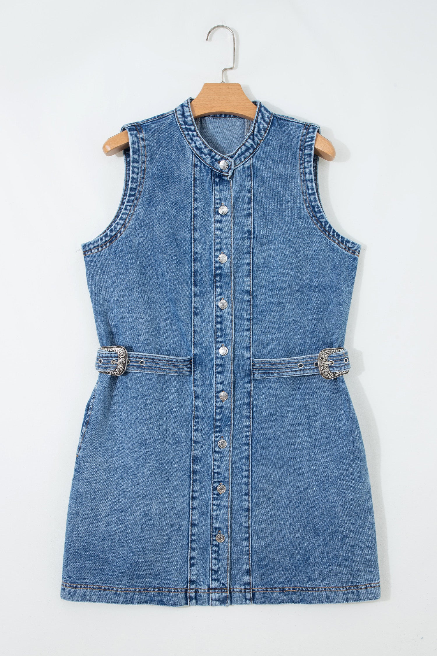 Women's Myosotis Blue Western Belt Button-Down Sleeveless Denim Mini Dress at LivelyLooks