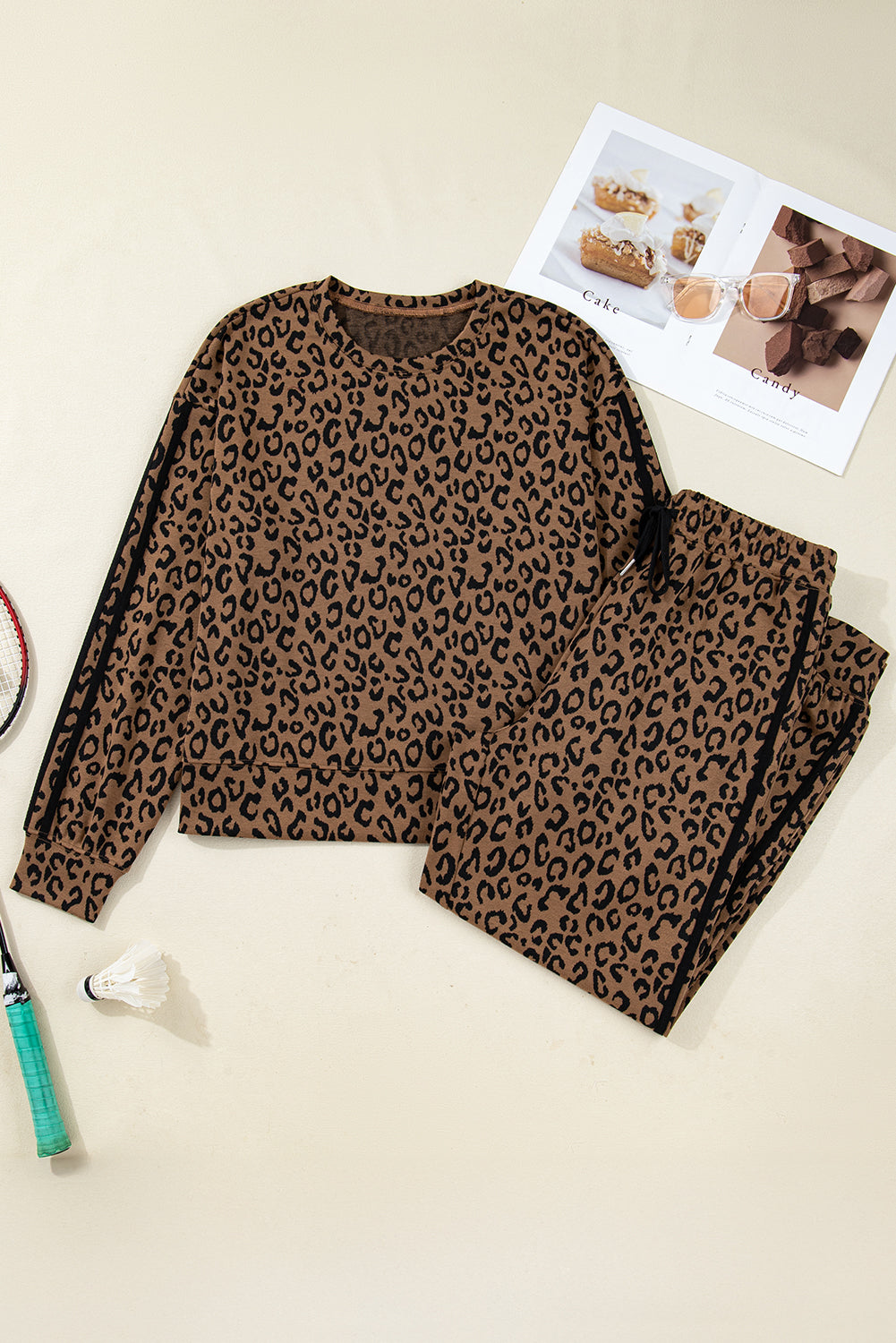 Brown Varsity Stripe Leopard Print Long Sleeve Top & Drawstring Trouser Set