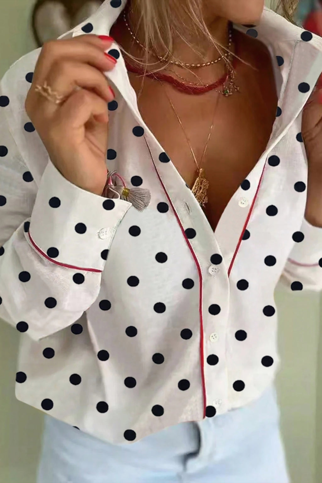 White Polka Dot Contrast Piping Elegant Women's Shirt