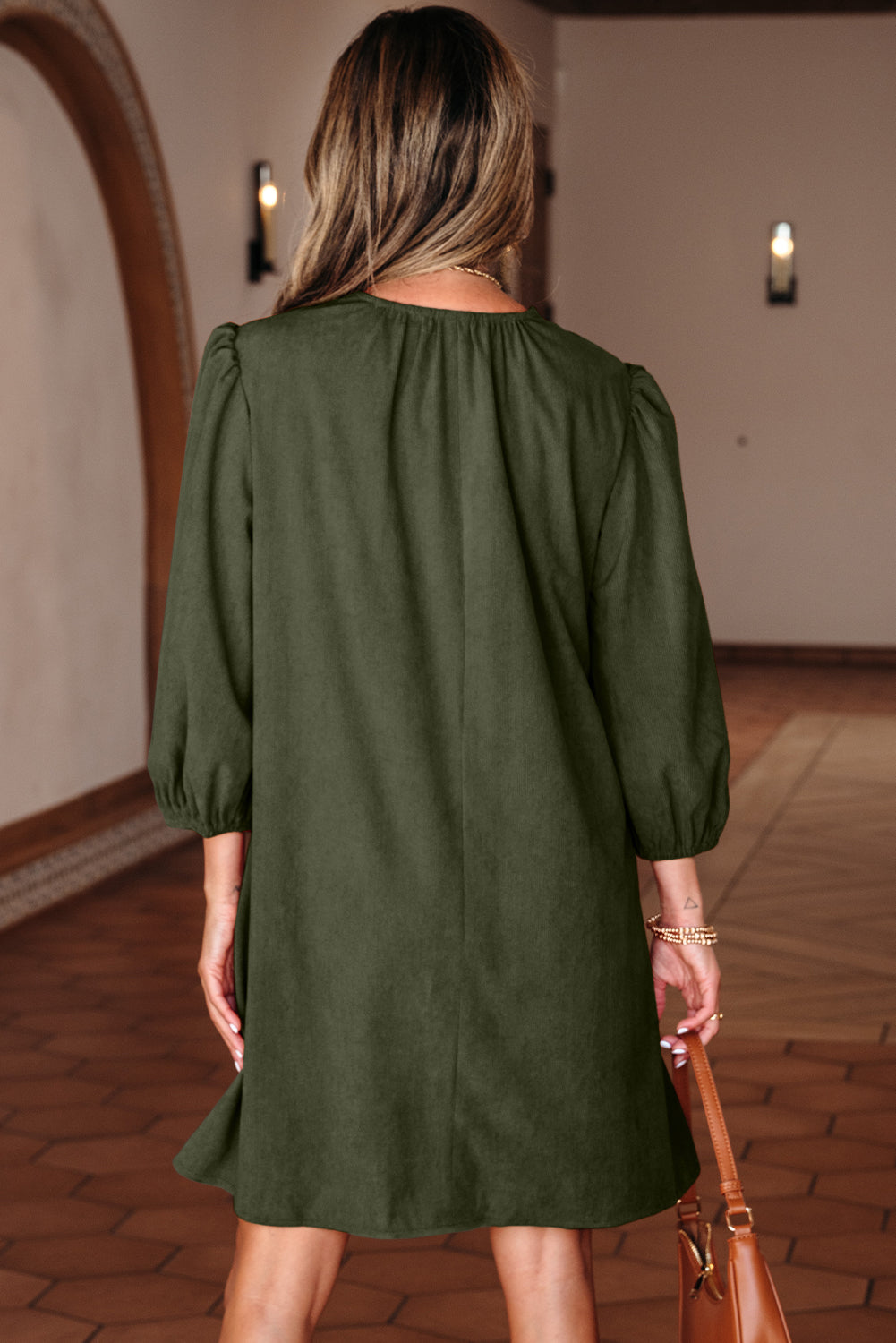 Corduroy Mini Dress Scallop Detail Split Neck Bracelet Sleeve Moss Green Cinnamon S-XL