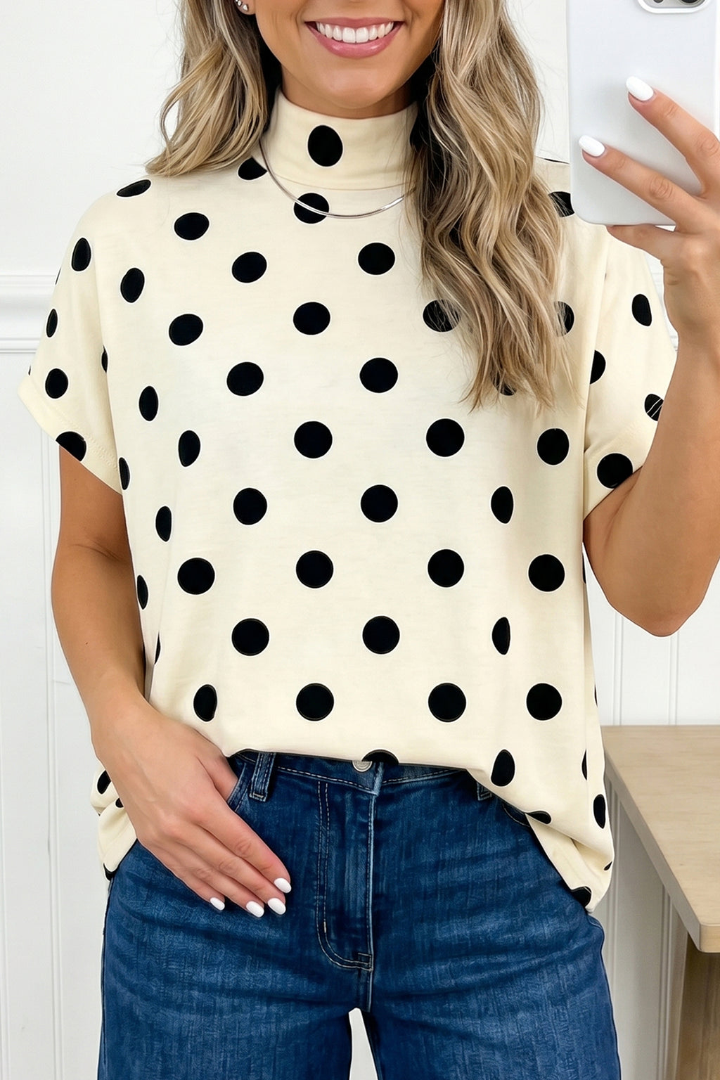 Beige Polka Dot High Neck Dolman Tunic Top | Sizes 8-22