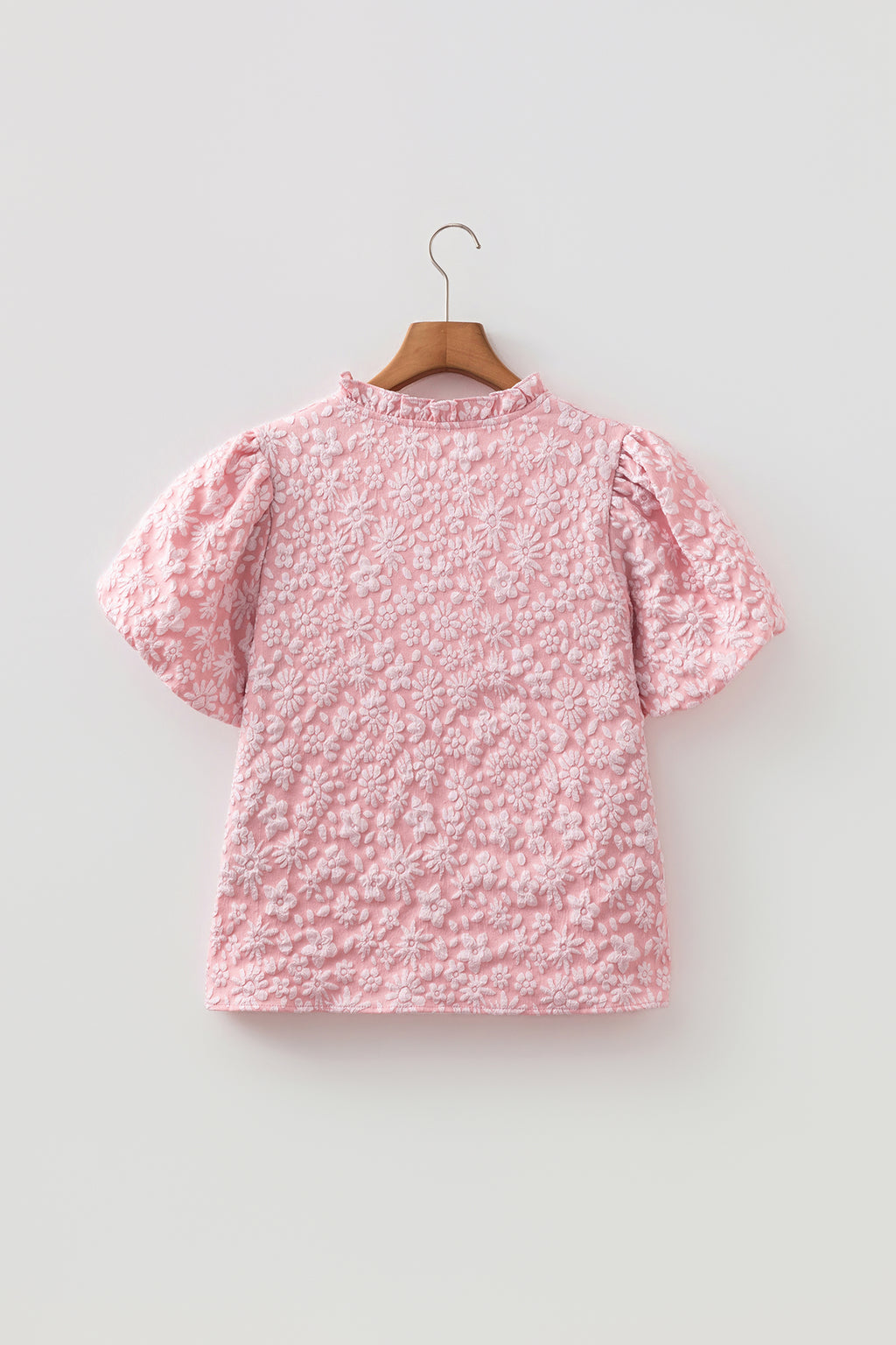 Floral Textured Jacquard Puff Sleeve Blouse Iceland Blue Beige Apricot Pink S-XL