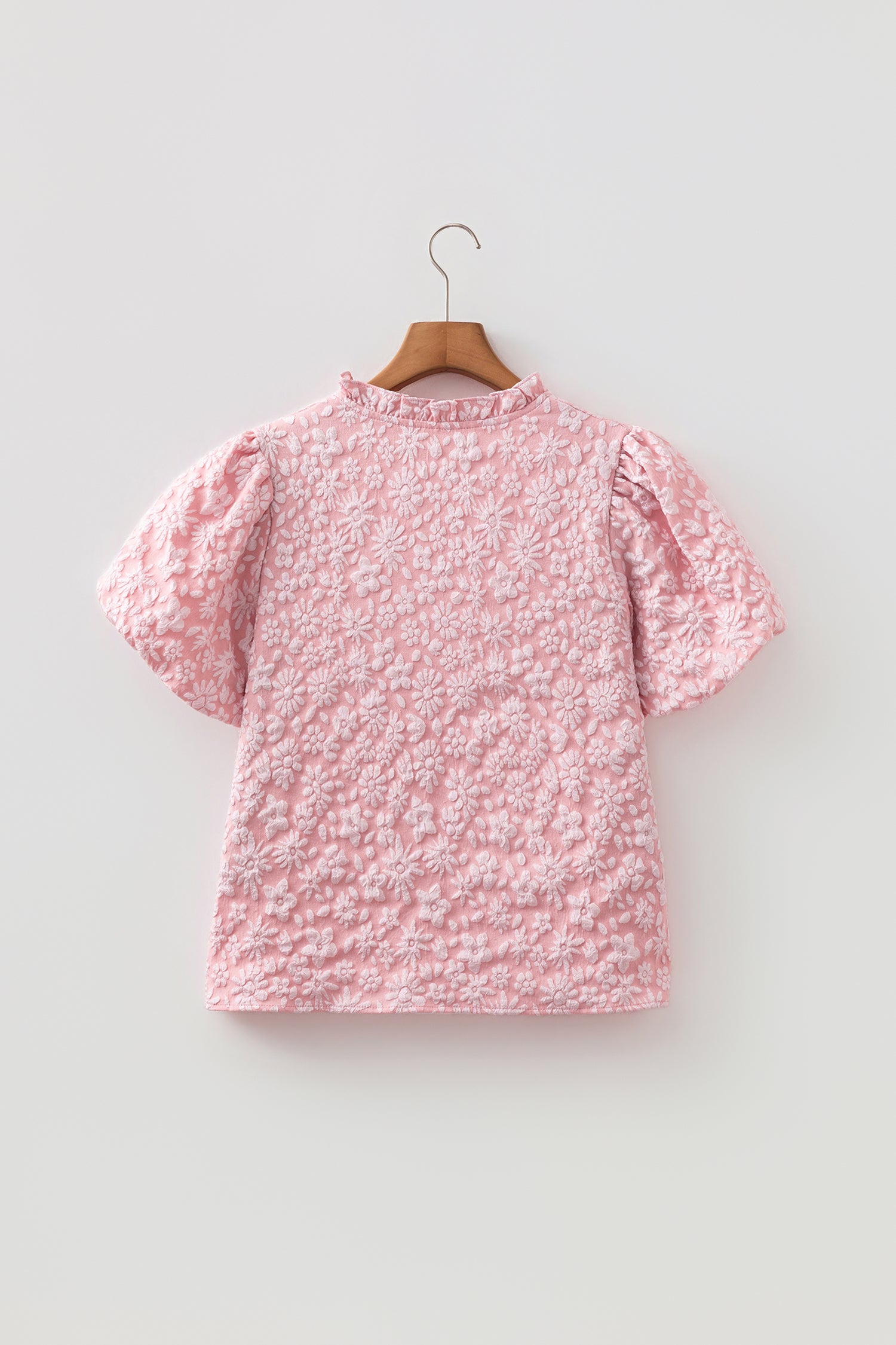 Floral Textured Jacquard Puff Sleeve Blouse Iceland Blue Beige Apricot Pink S-XL