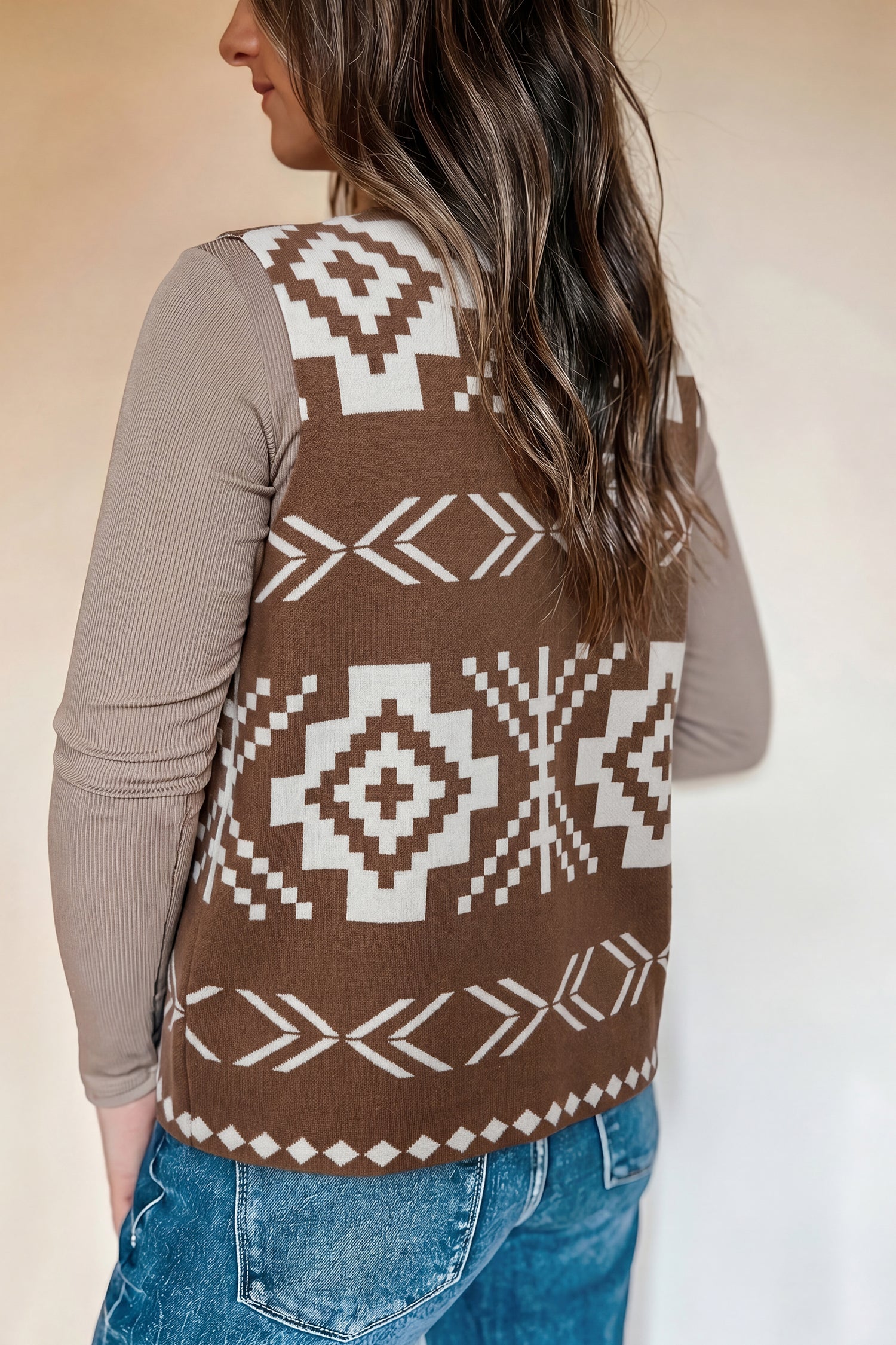 Brown Aztec Print Sleeveless Sweater Vest Round Neck S-XL