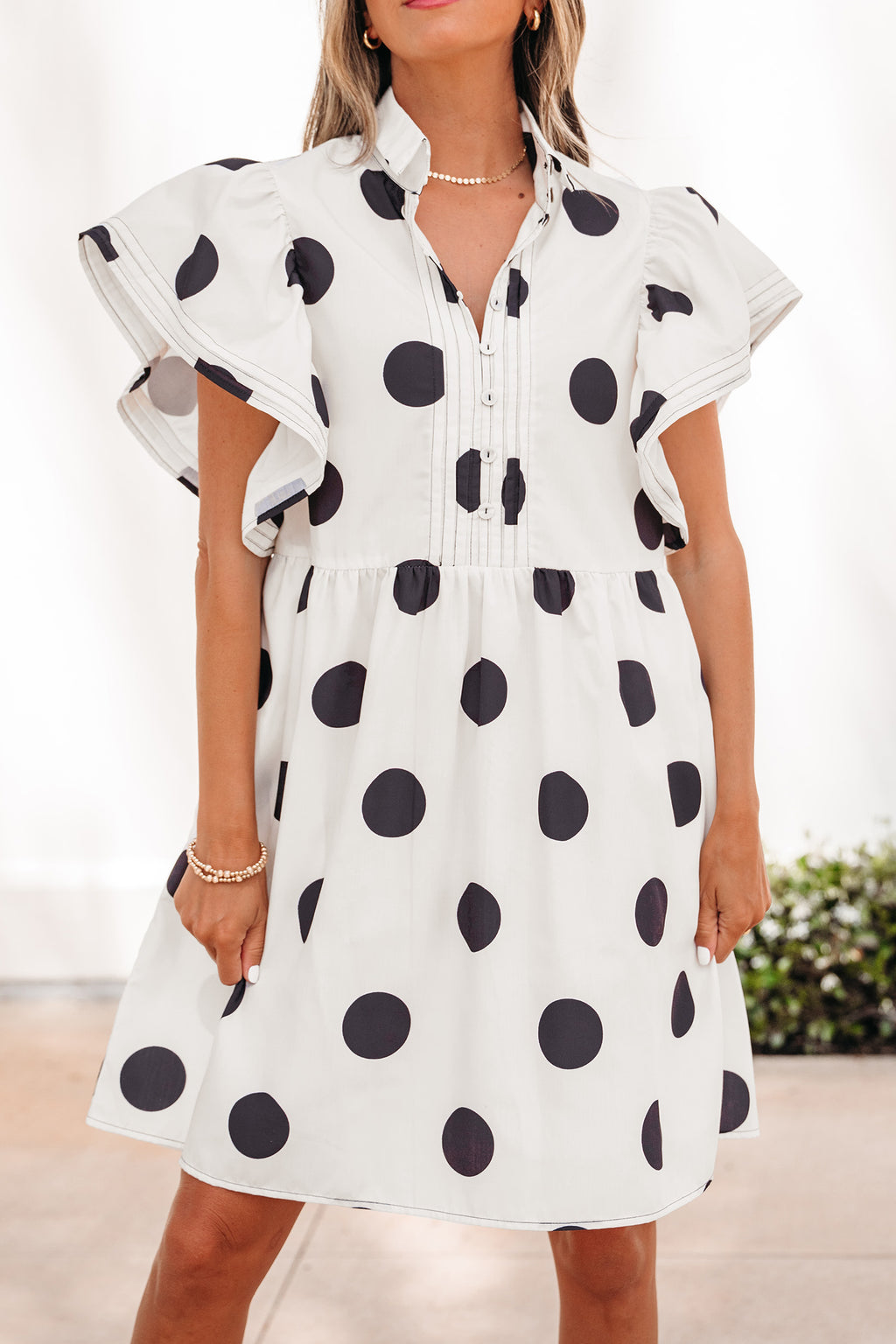 White Polka Dot Half Button Ruffled Short Sleeve Loose Mini Dress S-XL