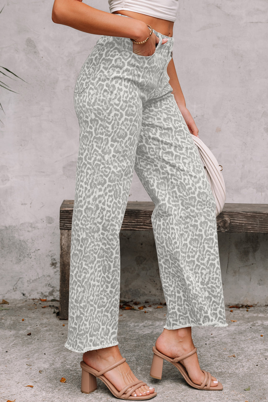 Women's Leopard Print Wide Leg High Waist Jeans | Brown, Grey, Blue & Pink at LivelyLooks