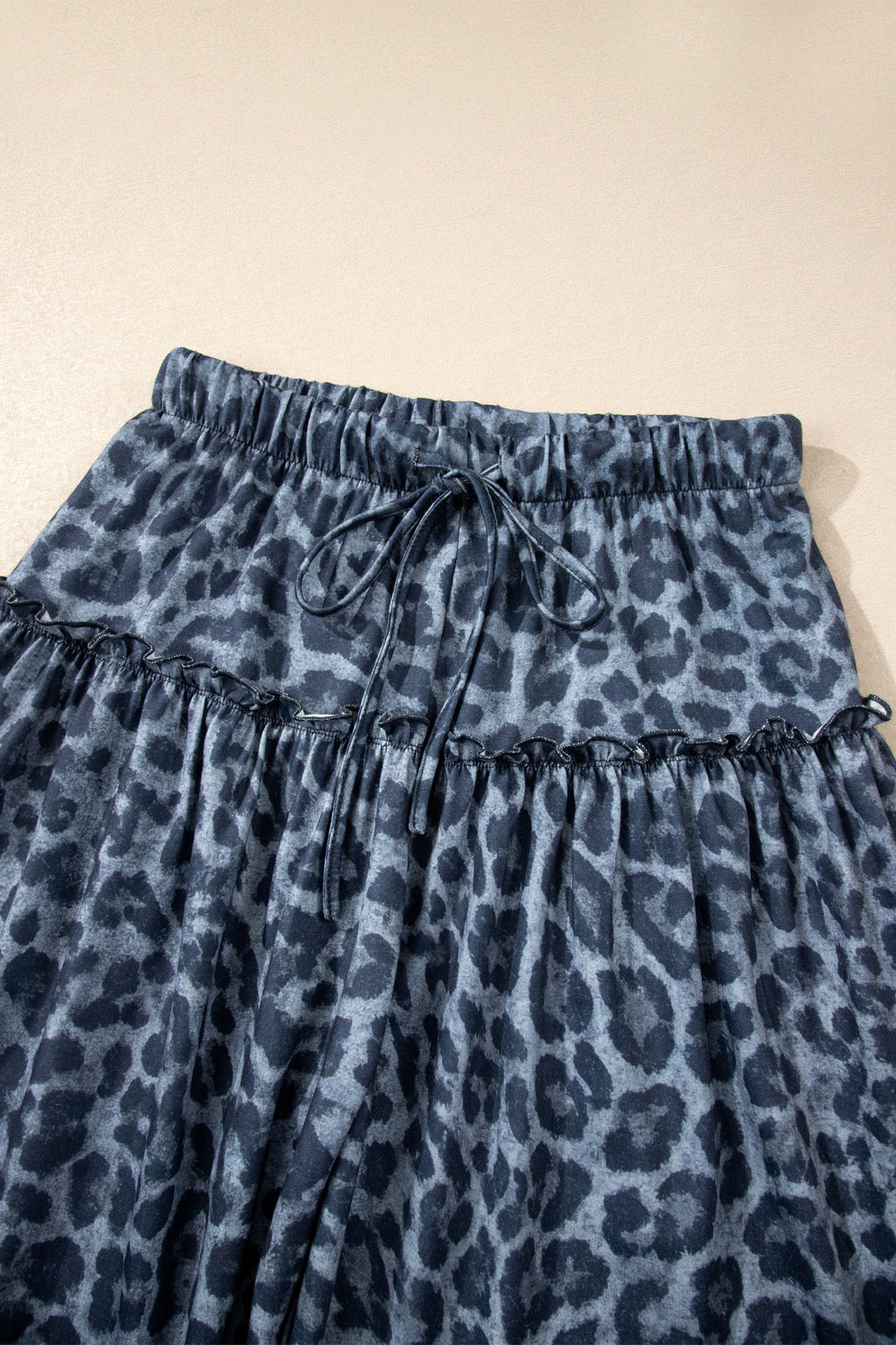 Grey Leopard Print Frilled Drawstring Wide Leg Trousers