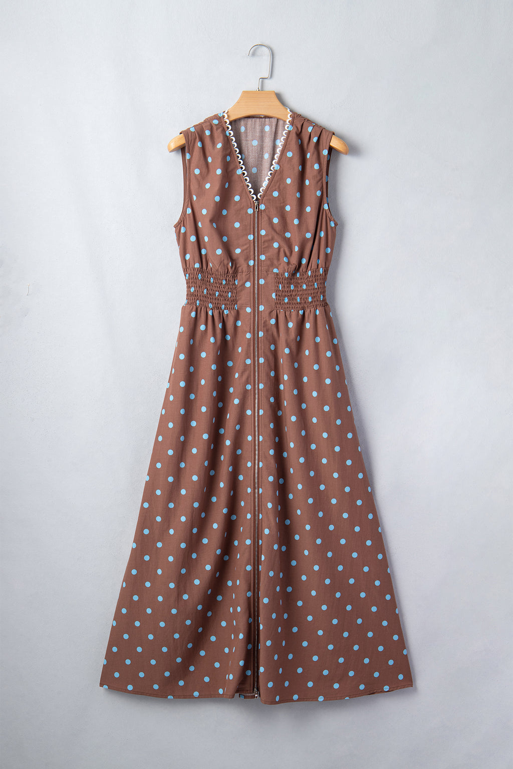 Brown & Black Polka Dot Contrast Trim V Neck Zip Up Sleeveless Dress S-XL
