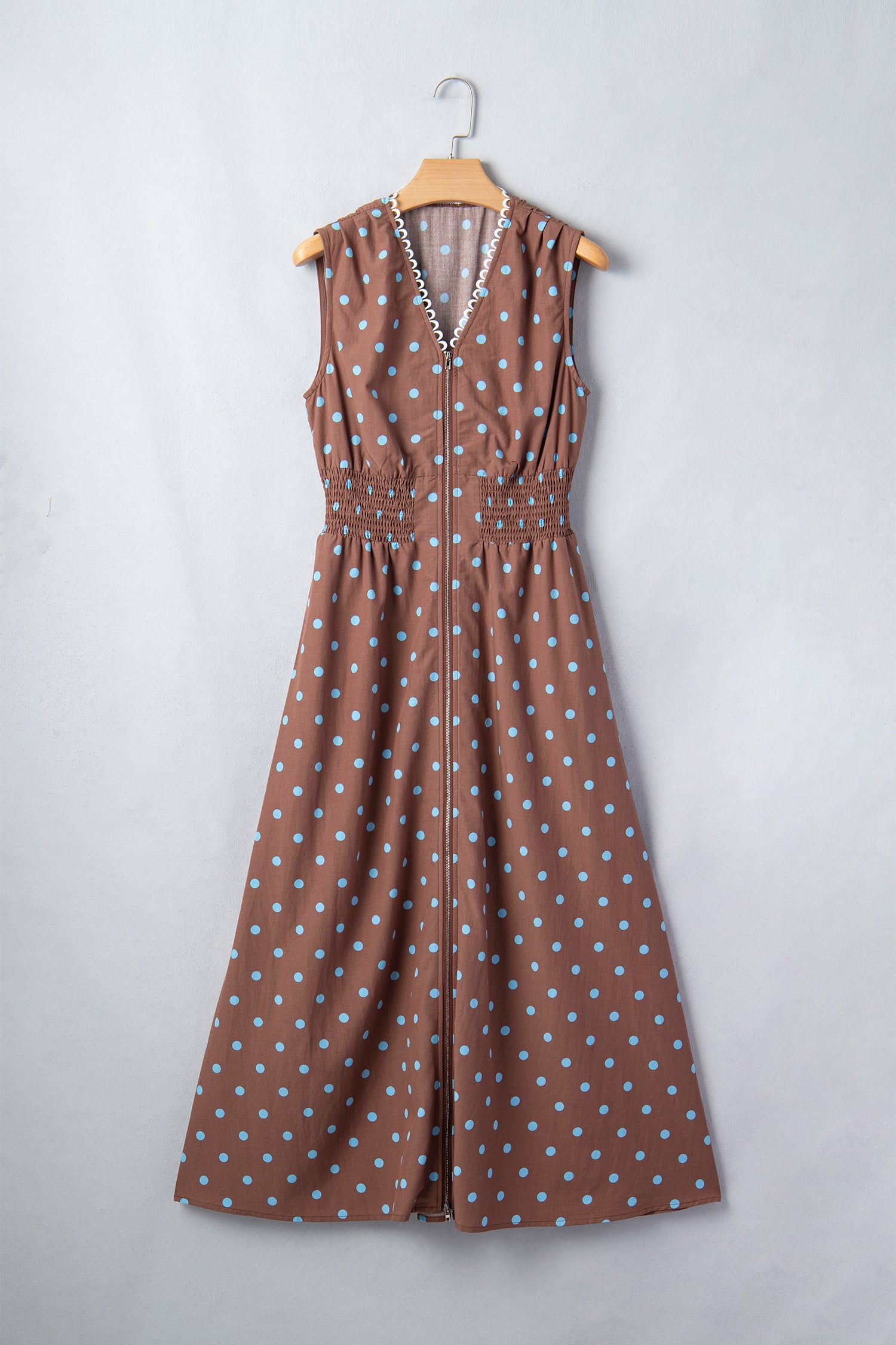 Brown & Black Polka Dot Contrast Trim V Neck Zip Up Sleeveless Dress S-XL
