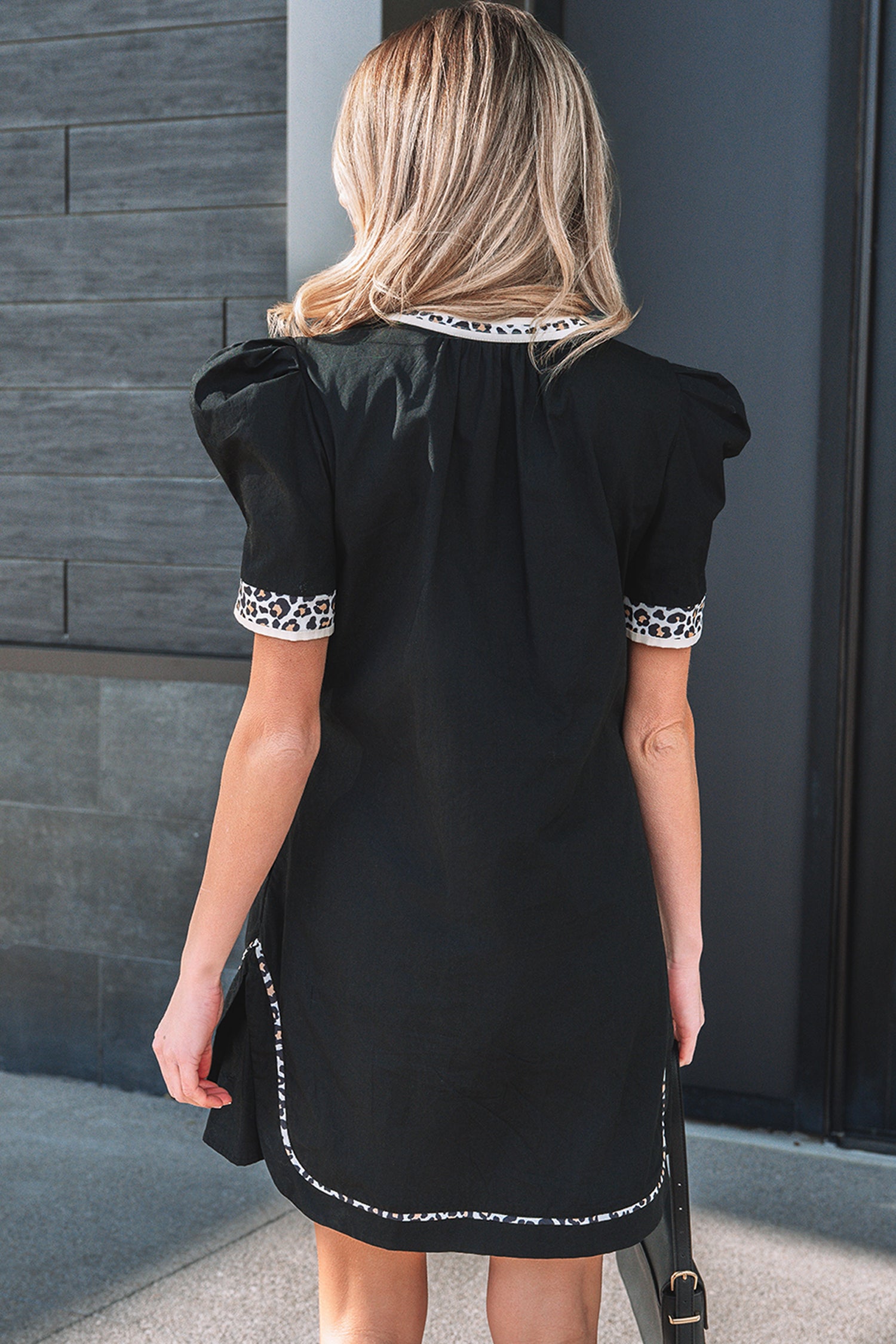 Women's Black Leopard Trim Notched Neck Short Puff Sleeve Shift Mini Dress at LivelyLooks