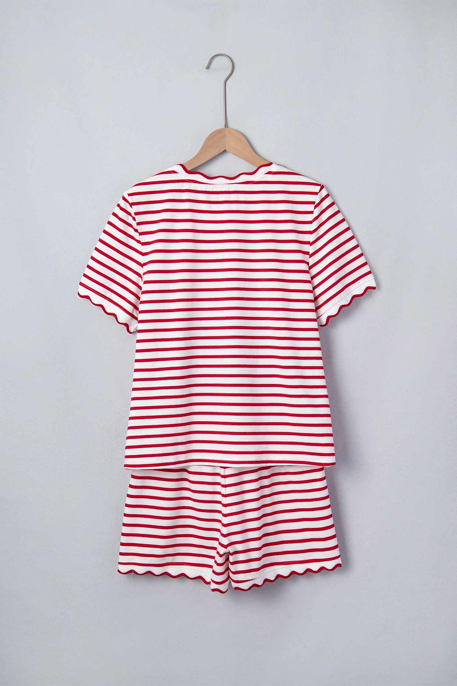 Red Stripe Scallop Trim Casual Top & Shorts Set | UK 8–16