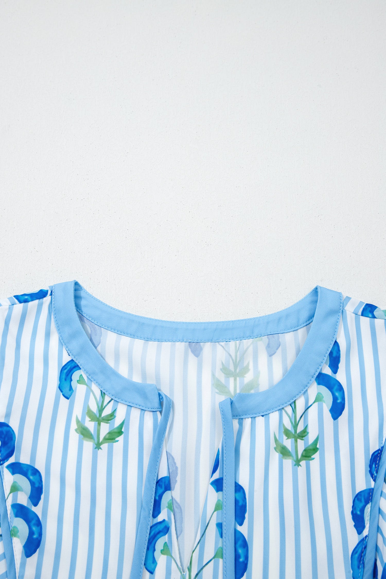 Pink & Sky Blue Floral Stripe Tie Notched Neck Puff Sleeve Mini Dress S-XL