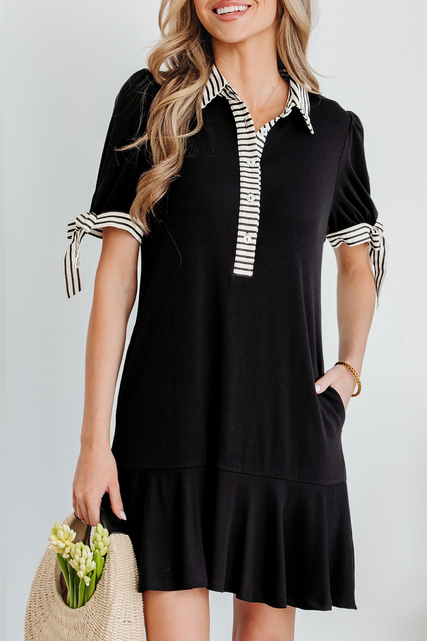 Black Stripe Polo Collar Half Button Tied Short Sleeve Mini Dress S-XL