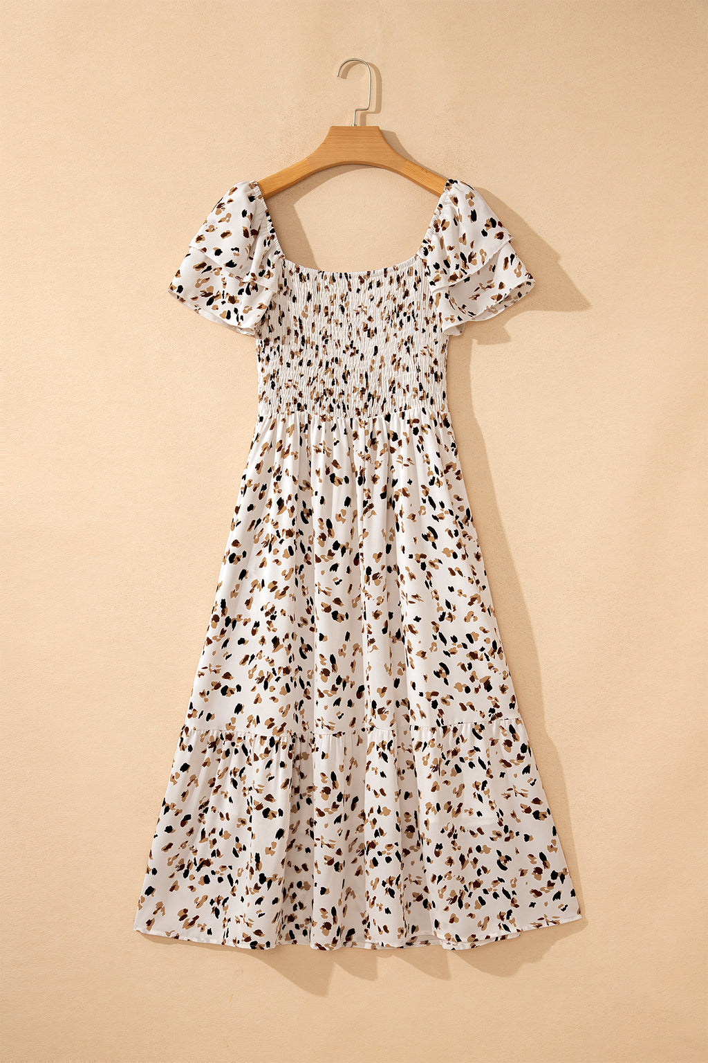 Women's Beige Ditsy Floral Smocked Square Neck Ruffle Sleeve Midi Dress S-XL at LivelyLooks