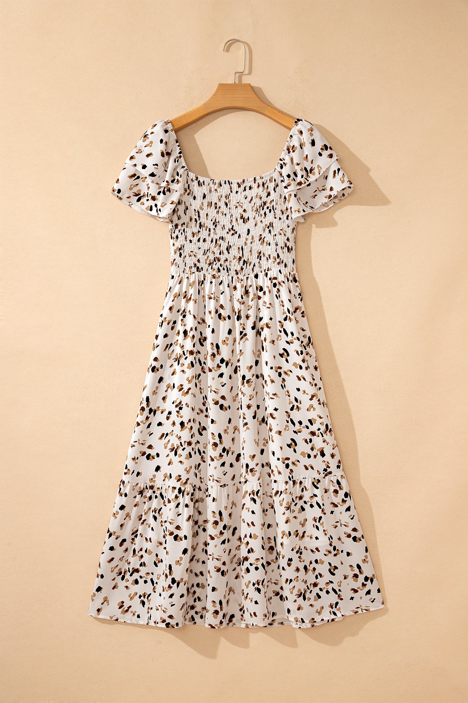 Women's Beige Ditsy Floral Smocked Square Neck Ruffle Sleeve Midi Dress S-XL at LivelyLooks