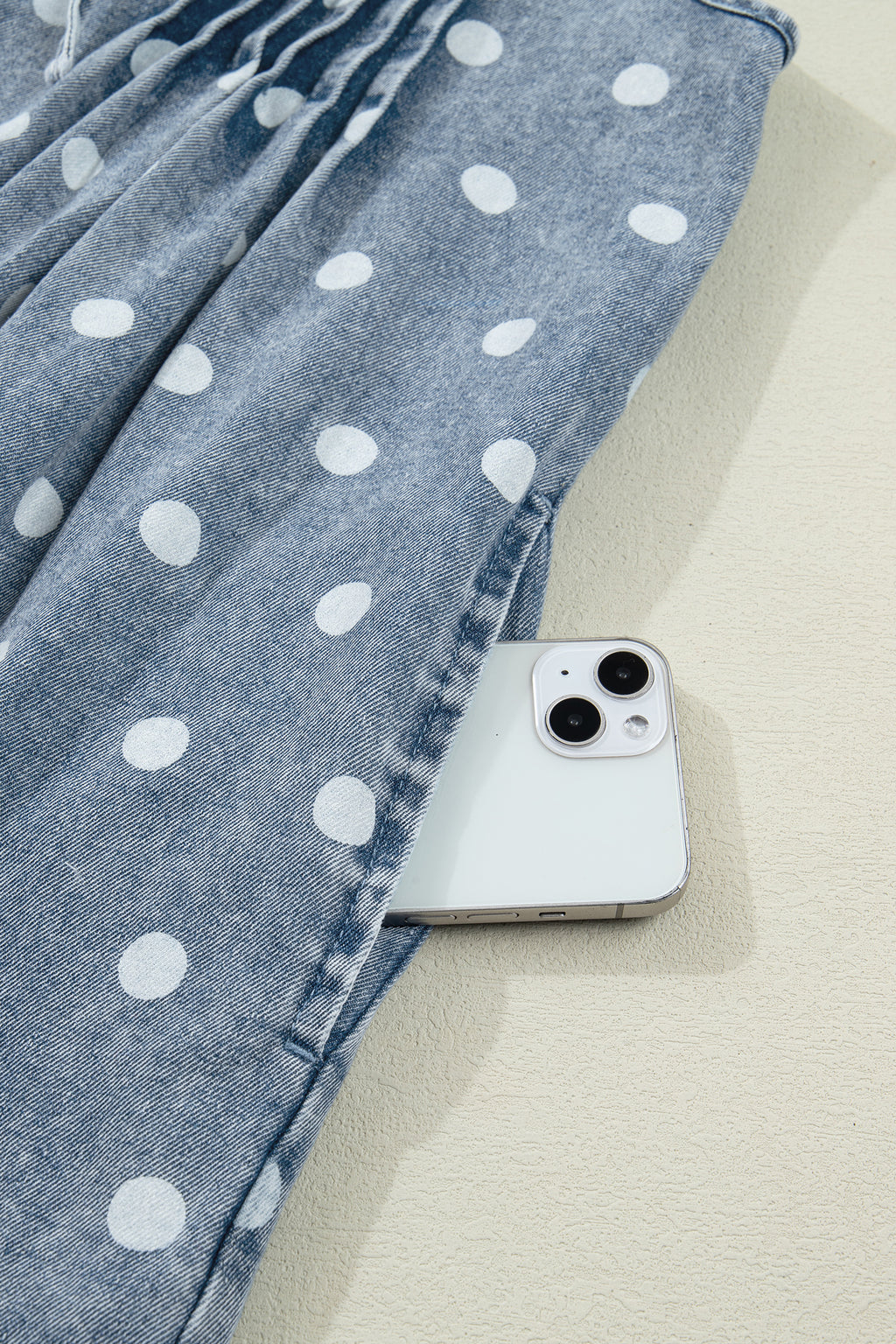Shop Sky Blue Polka Dot Denim Romper | Tie V-Neck Pleated Loose Playsuit at LivelyLooks