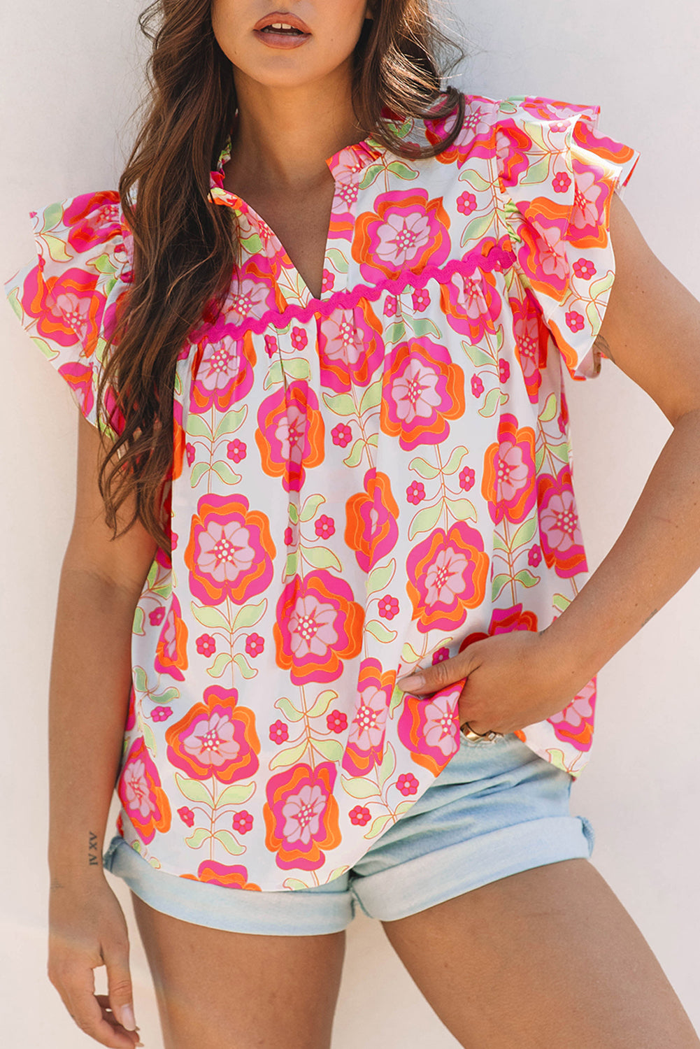 Women's Pink Floral Ruffled Sleeve Ric-rac Trim Split Neck Loose Blouse Summer Holiday Top at LivelyLooks