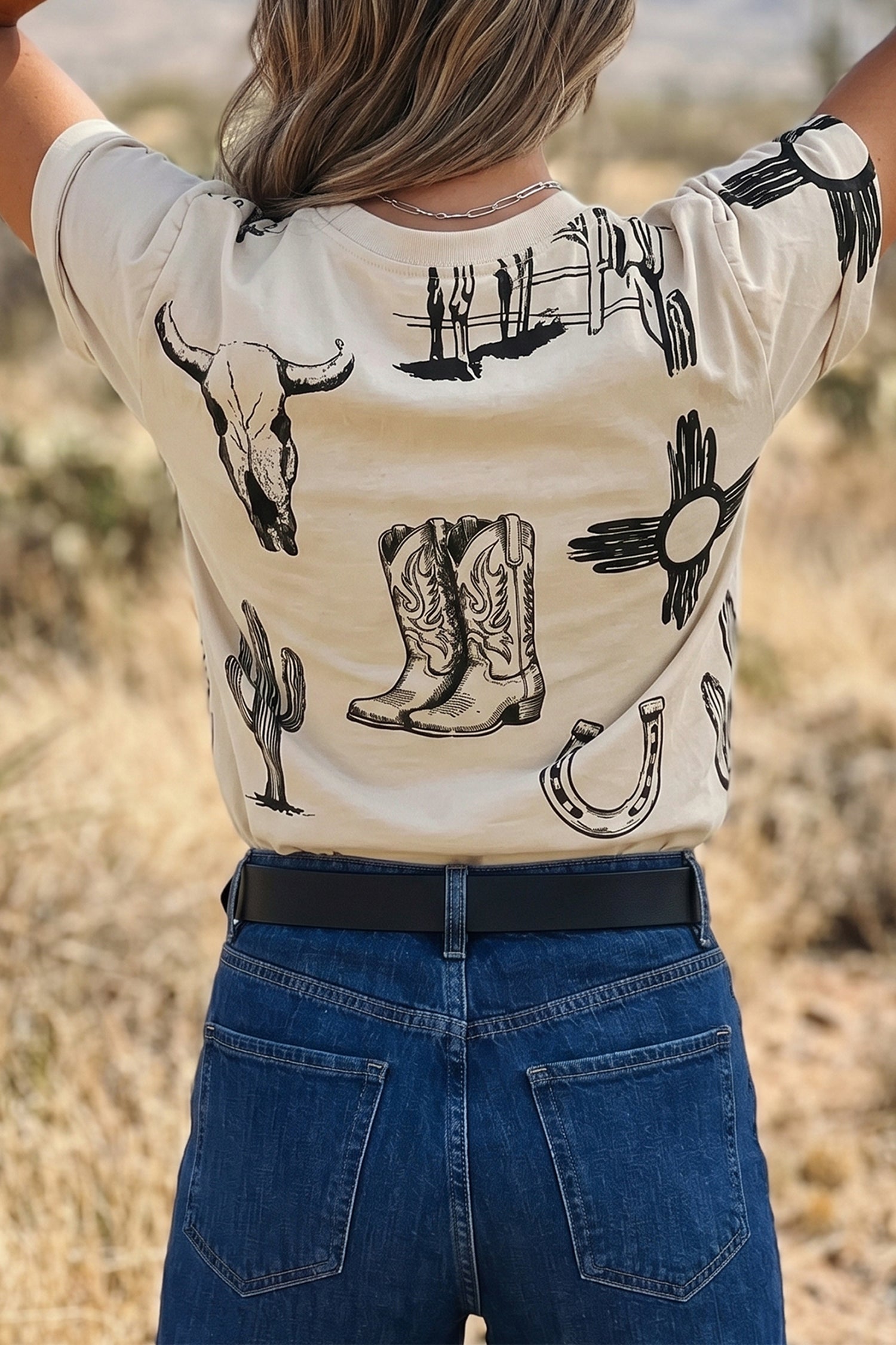 Beige Retro Western Print T-Shirt Cowboy Boots Cactus Short Sleeve Women S-XL