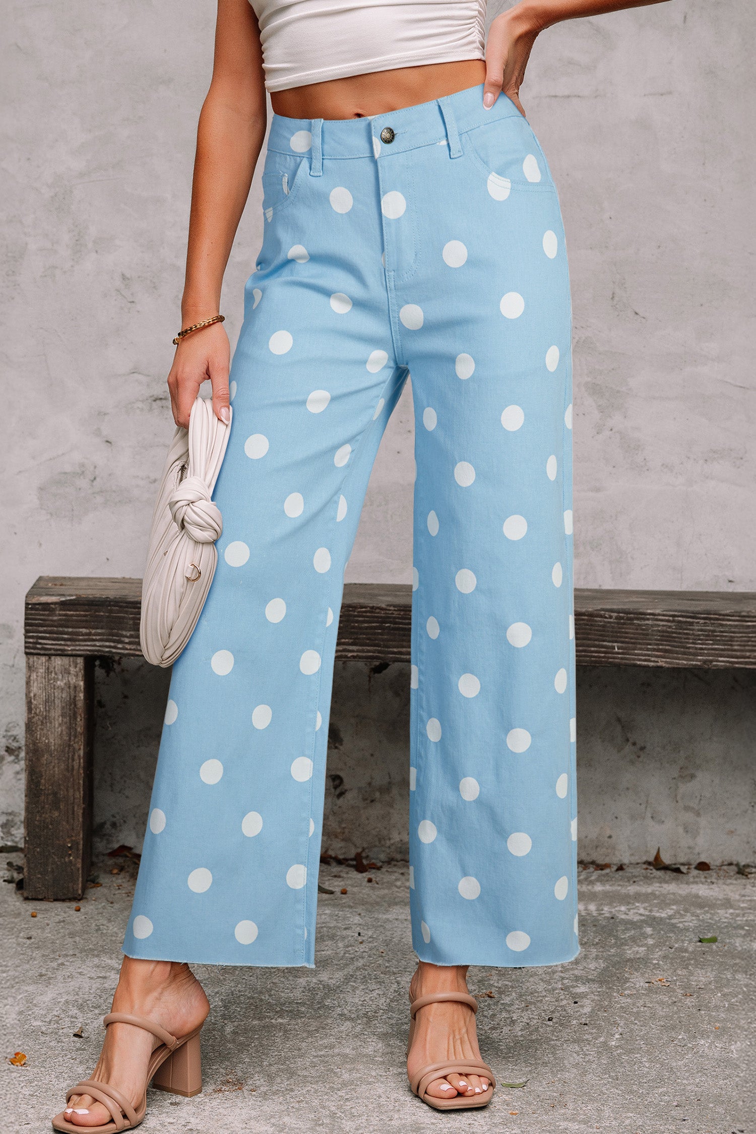 Khaki & Sky Blue Polka Dot Print Raw Hem High-Waist Shift Jeans | Sizes 4–16