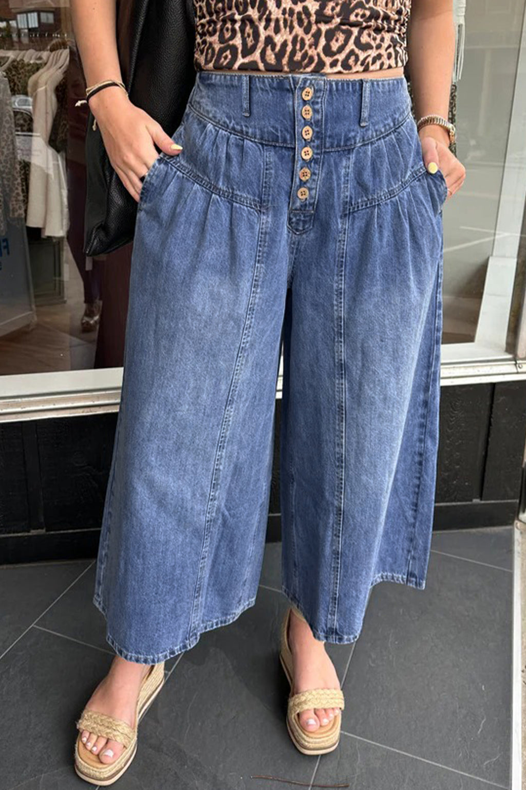 Dusk Blue High Rise Buttons Pleated Cropped Wide Leg Denim Pants | UK 8–18