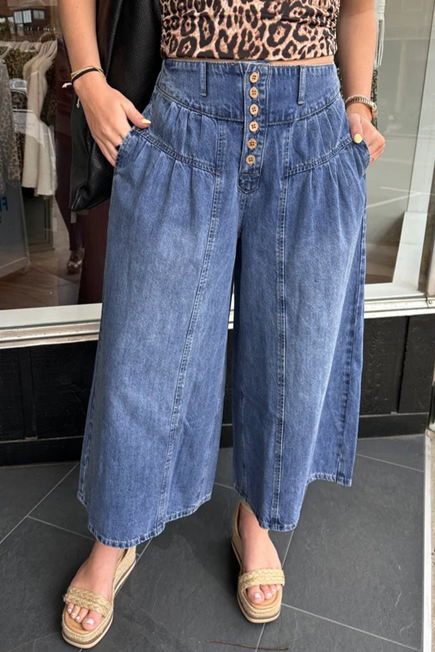 Dusk Blue High Rise Buttons Pleated Cropped Wide Leg Denim Pants | UK 8–18