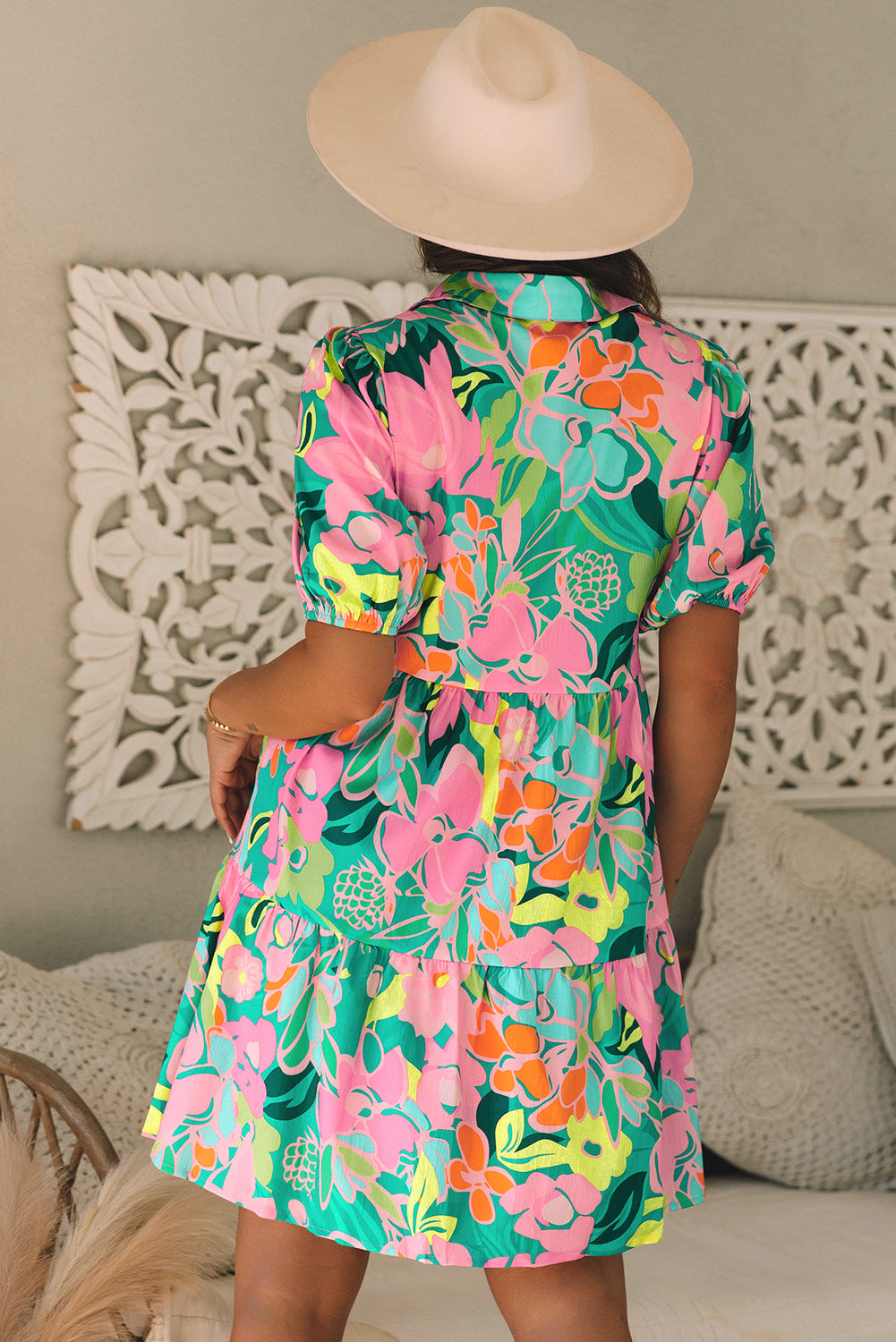 Women's Green Floral Puff Sleeve Collar Buttoned Babydoll Dress Summer Boho Mini Sundress at LivelyLooks