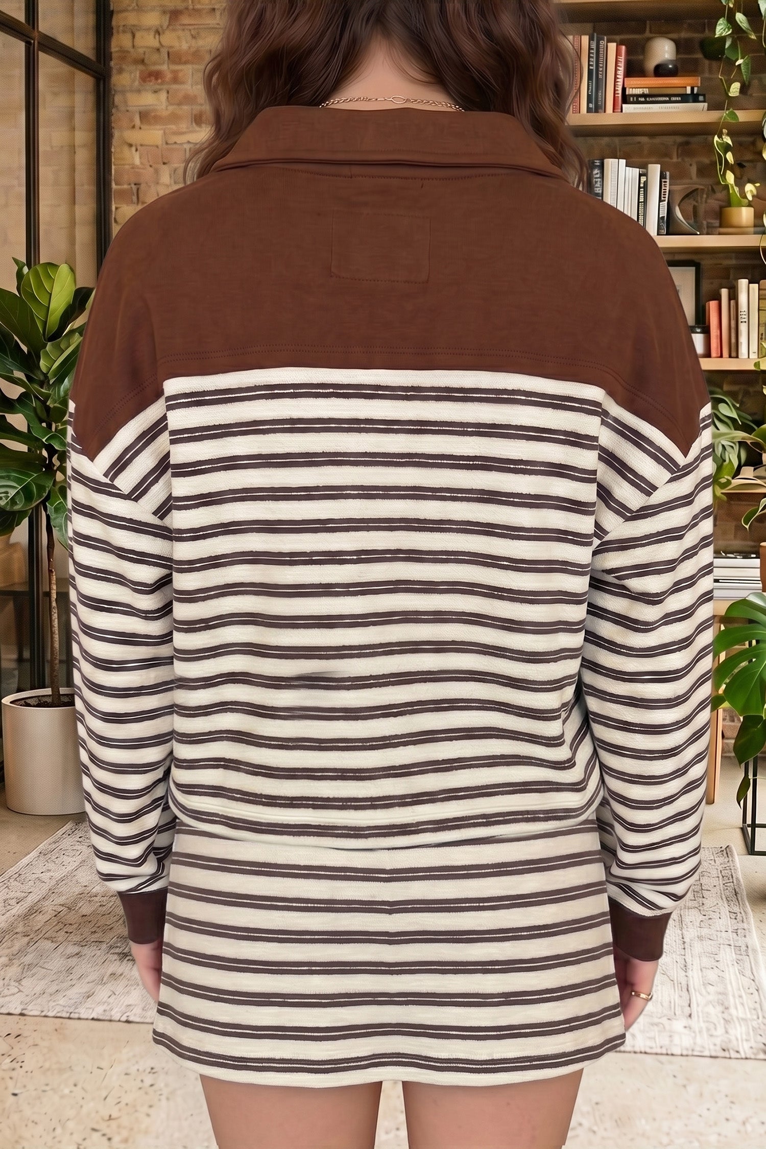 Brown Stripe Contrast Trim Long Sleeve Top & Drawstring Mini Skirt Set | UK 8–22