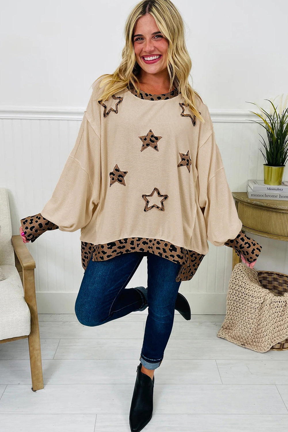 LivelyLooks Leopard Star Patchwork Baggy Sweatshirt Beige | Sizes S-XL women's fashion