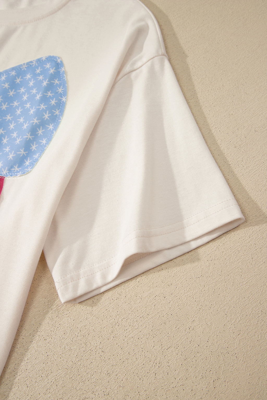 White Loose Knit Tee Vintage Flag Bow Patch Short Sleeve Women S-XL