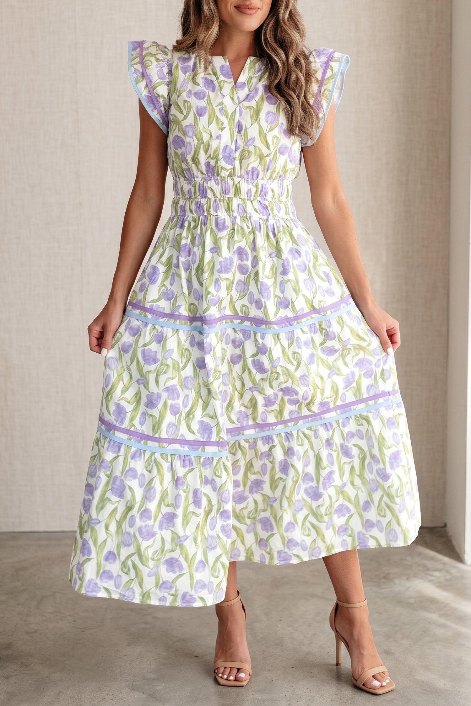 Purple Tulip Floral Print Contrast Trim Flutter Sleeve Midi Dress