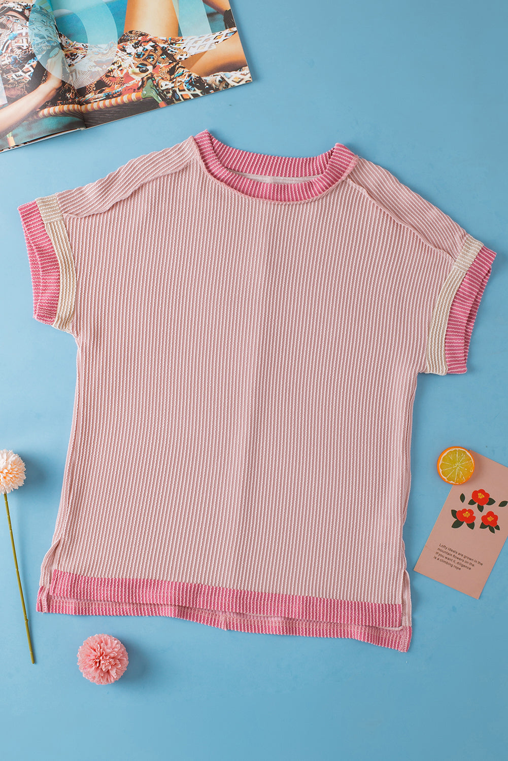 Light Pink Textured Contrast Trim Round Neck T-Shirt