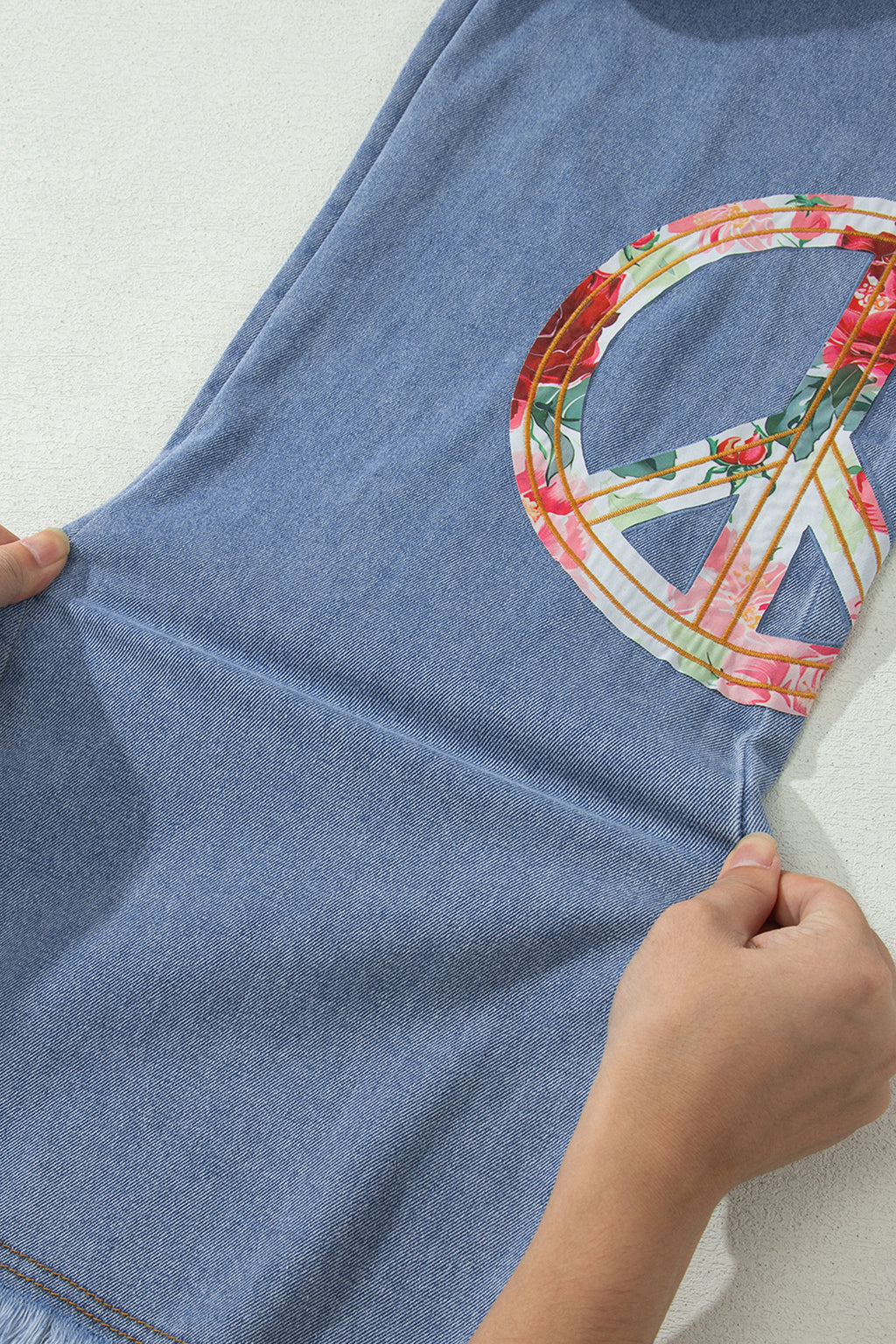 Blue Floral Peace Sign Embroidered Patch Wide Leg Jeans | Boho Denim | UK 4-14