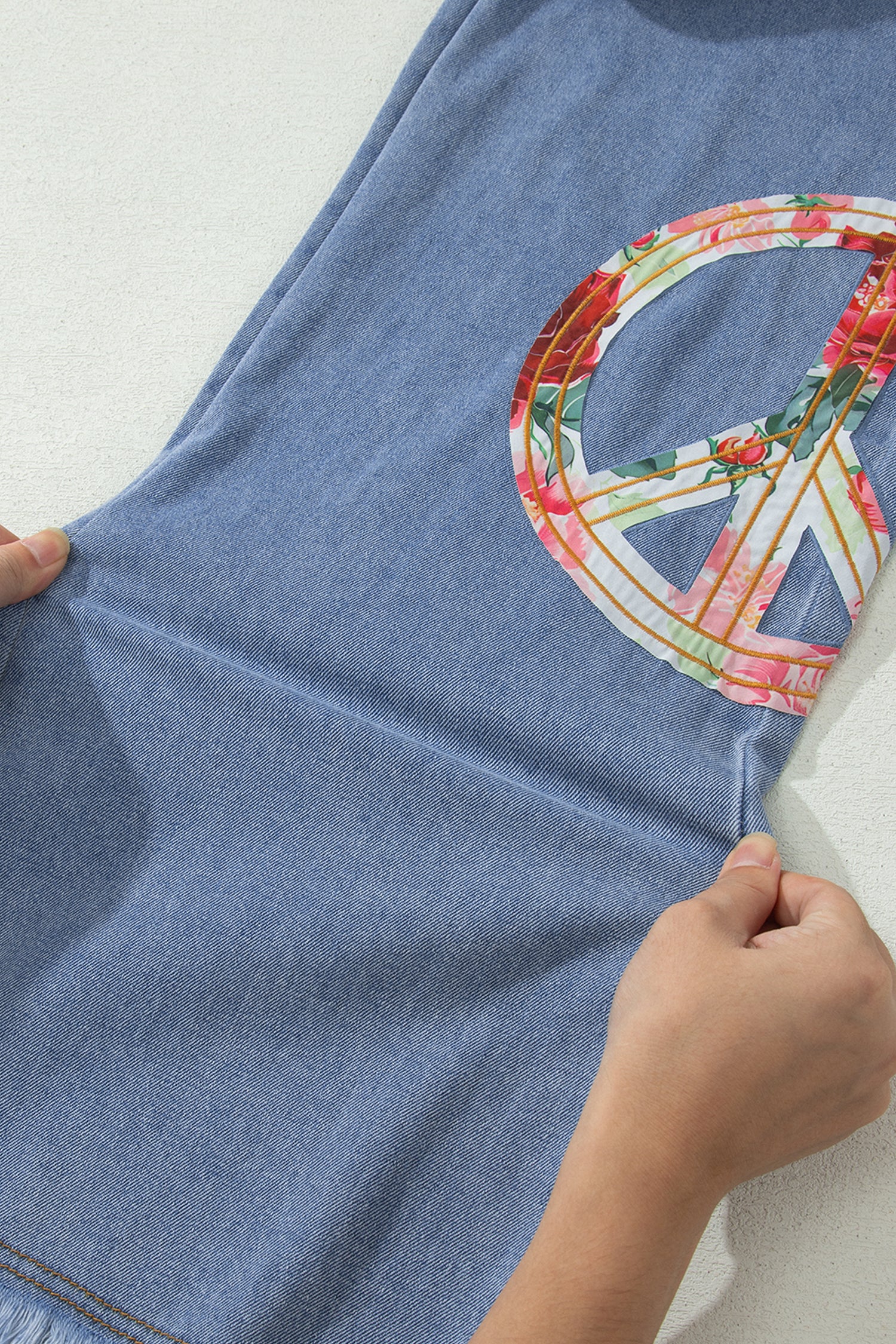 Blue Floral Peace Sign Embroidered Patch Wide Leg Jeans | Boho Denim | UK 4-14