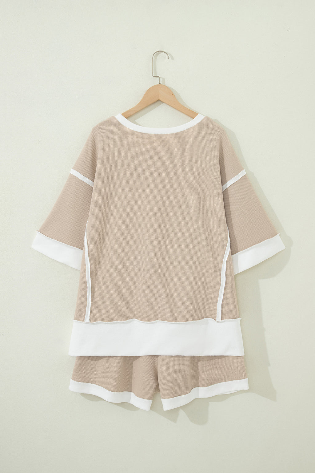 Beige Raw Edge Colour Block Oversized Tee & Drawstring Shorts Co-ord Set