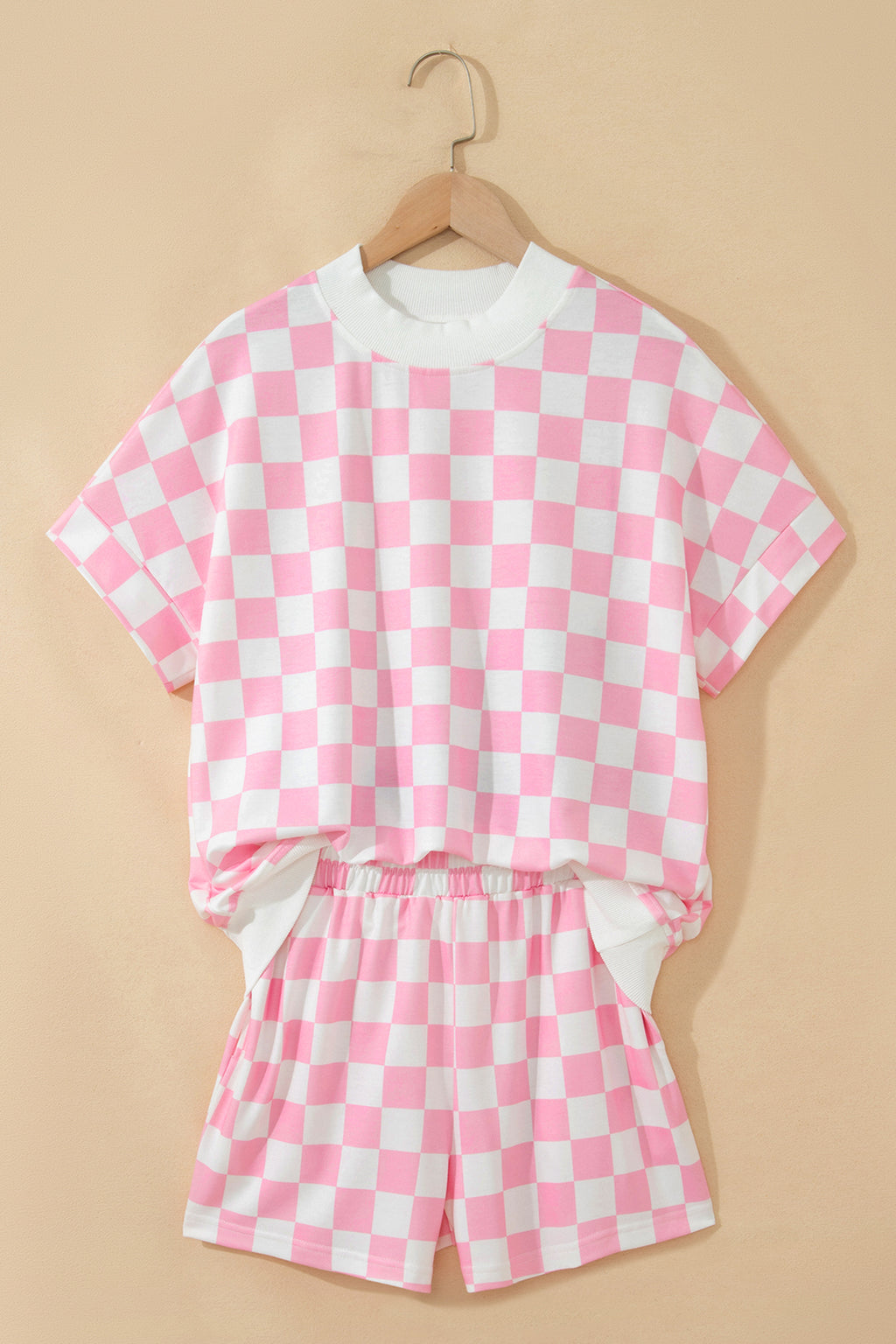 LivelyLooks Pink Checkered Print Colour Block Trim Mock Neck Short Set Two Piece Co-ord PJ women's fashion