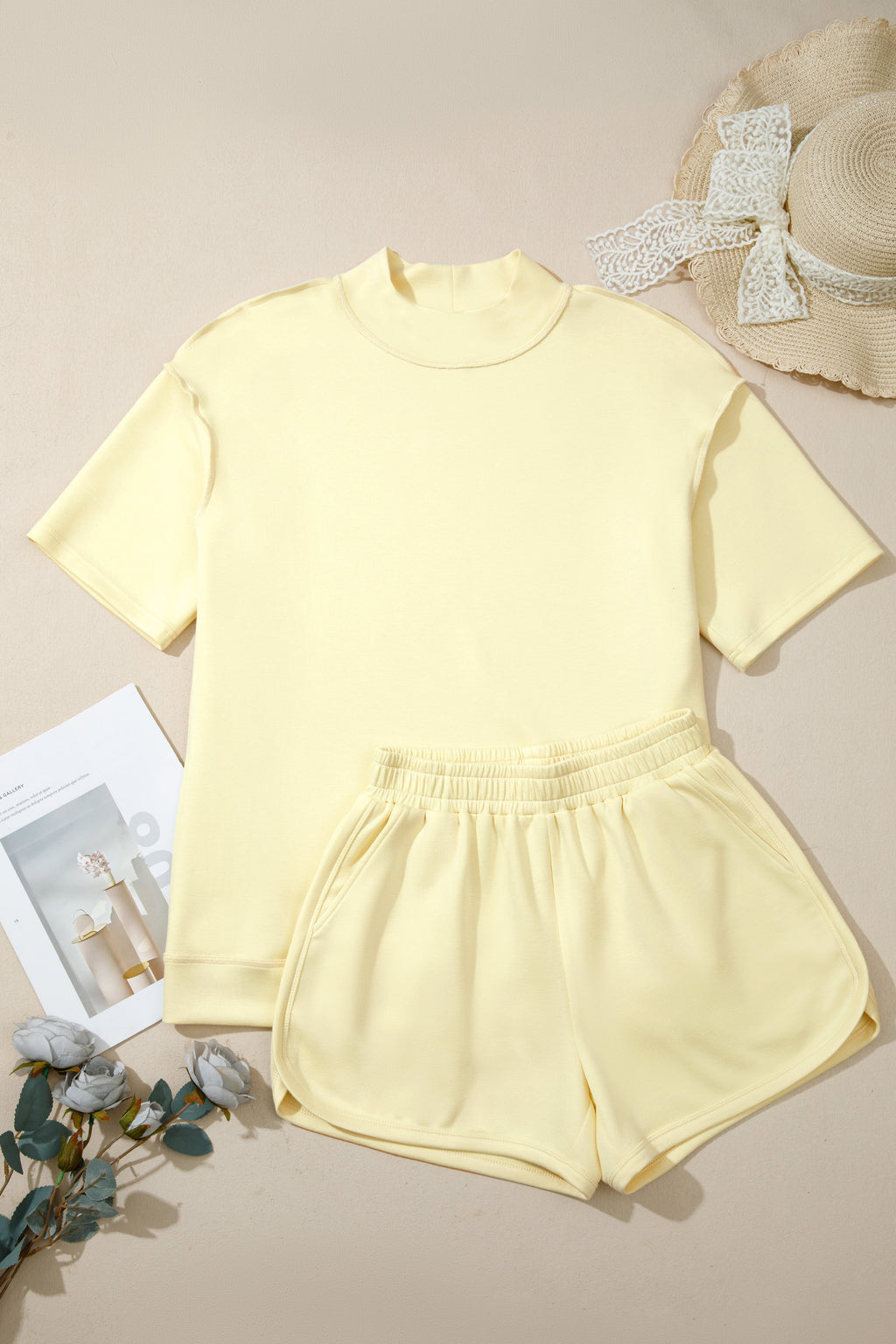 Exposed Seam Mock Neck Oversized Tee & Shorts Set – Mist Blue