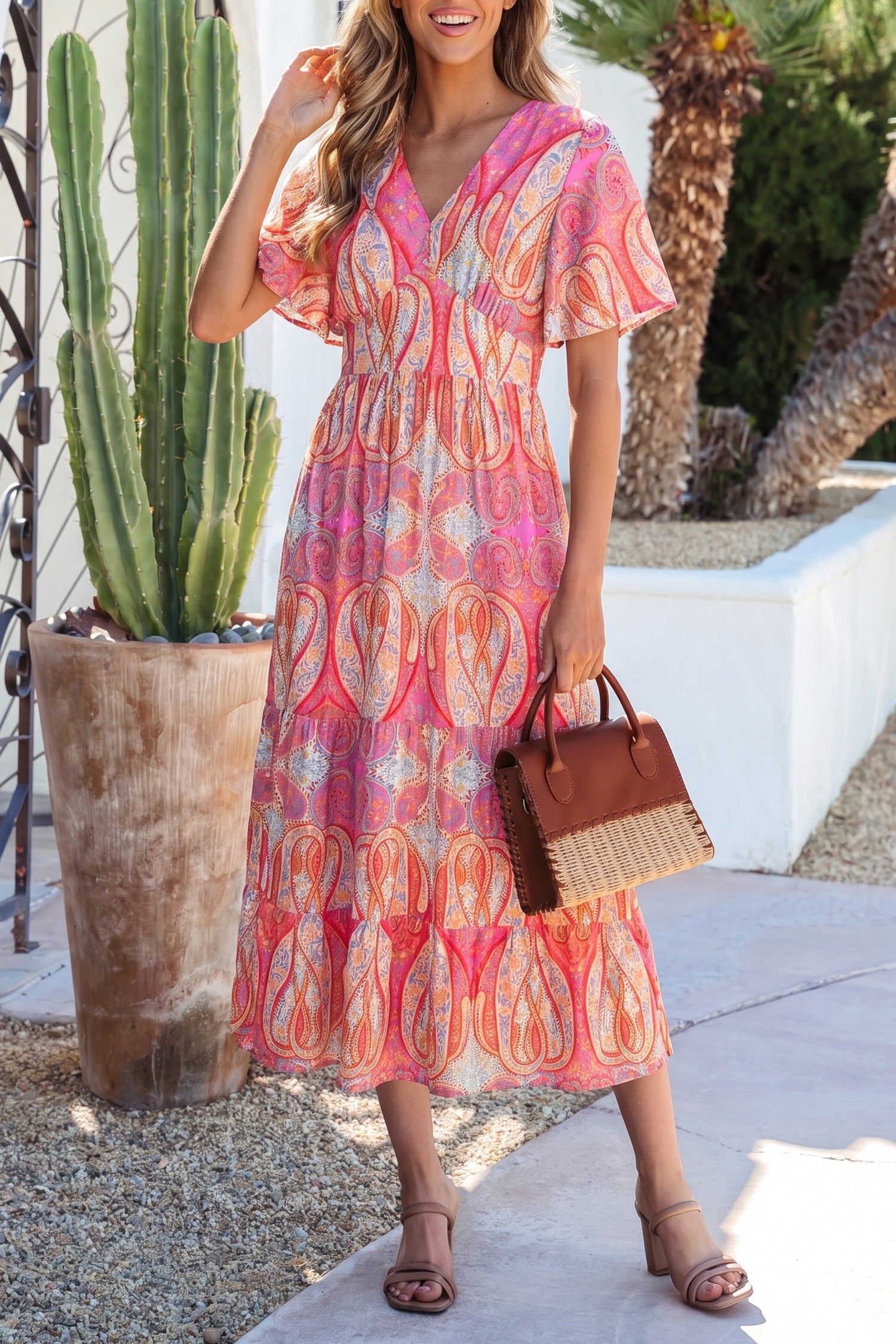 Multicolour Paisley Print V-Neck Flutter Sleeve Boho Maxi Dress