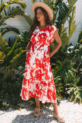Red Floral Print Trimmed V Neck Ruffle Sleeve Long Dress S-XL