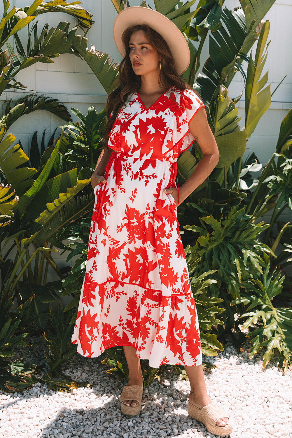 Red Floral Print Trimmed V Neck Ruffle Sleeve Long Dress S-XL