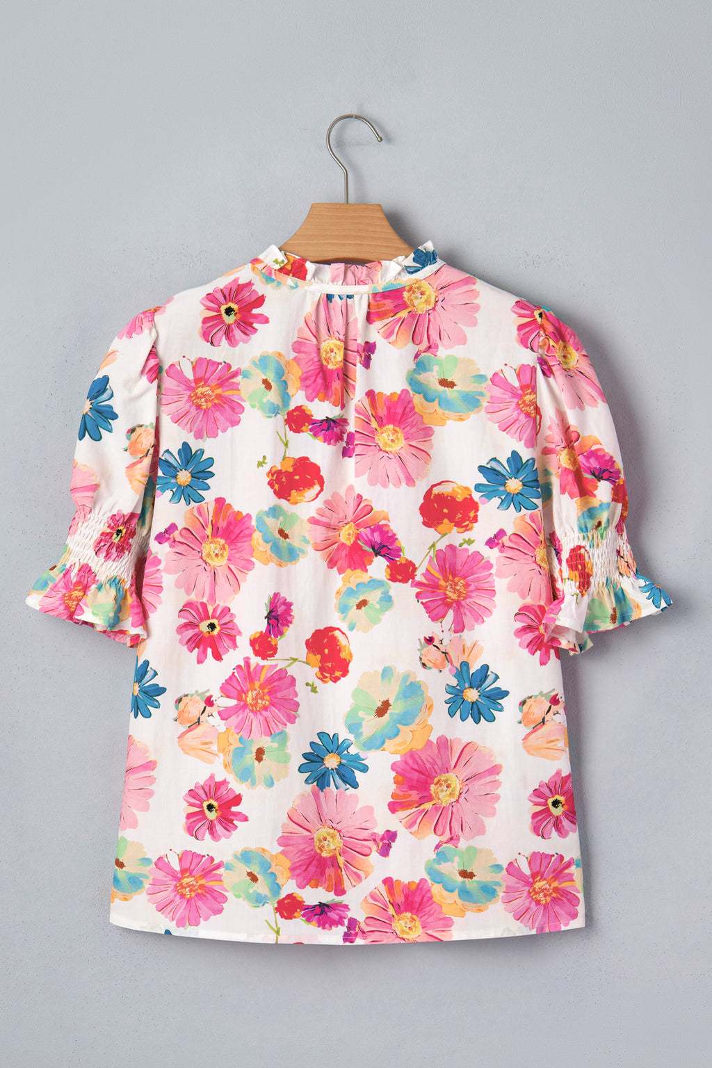 Beige Floral Blouse Tie V Neck Short Puff Sleeve Summer Women S-XL