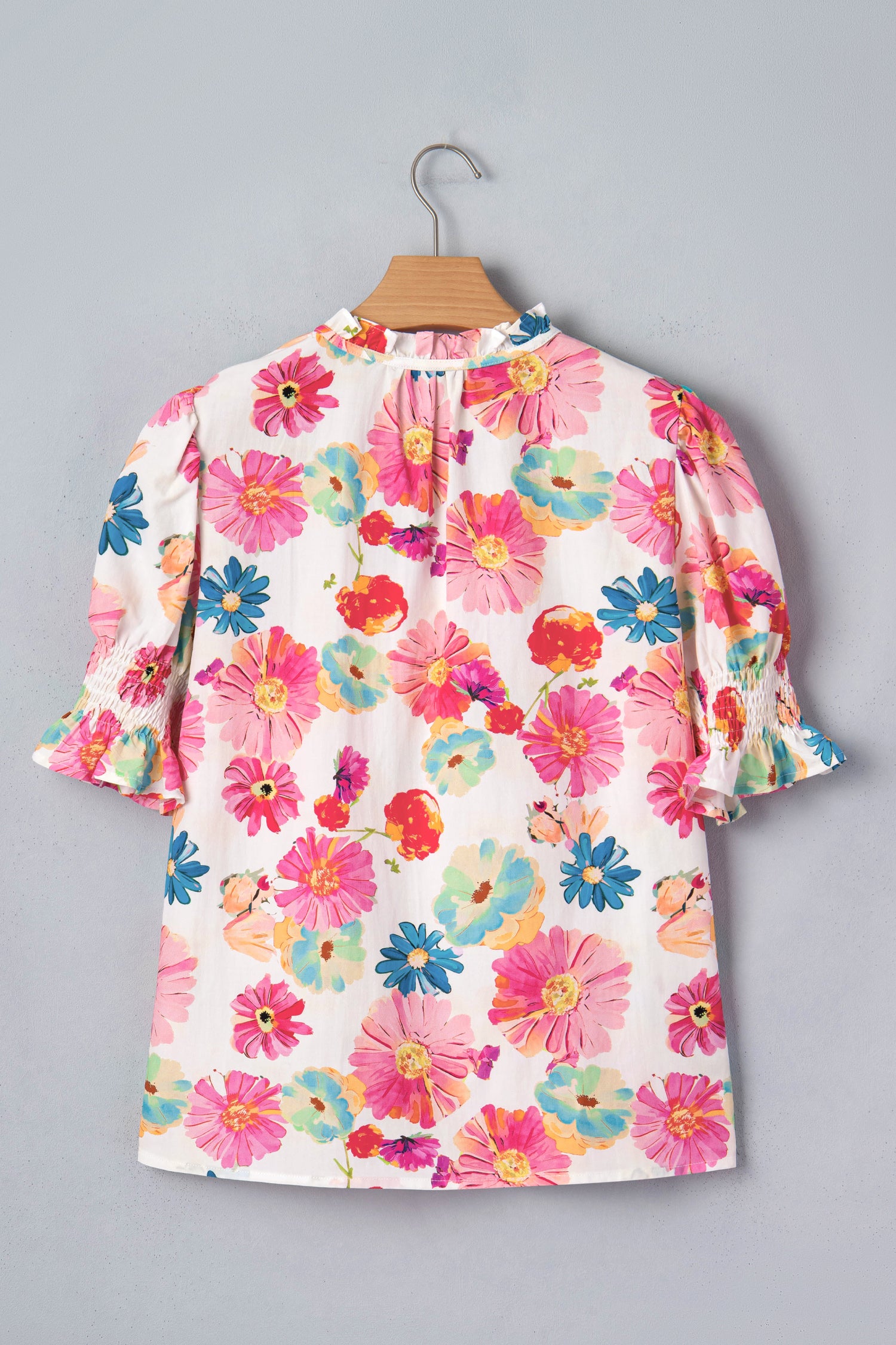 Beige Floral Blouse Tie V Neck Short Puff Sleeve Summer Women S-XL