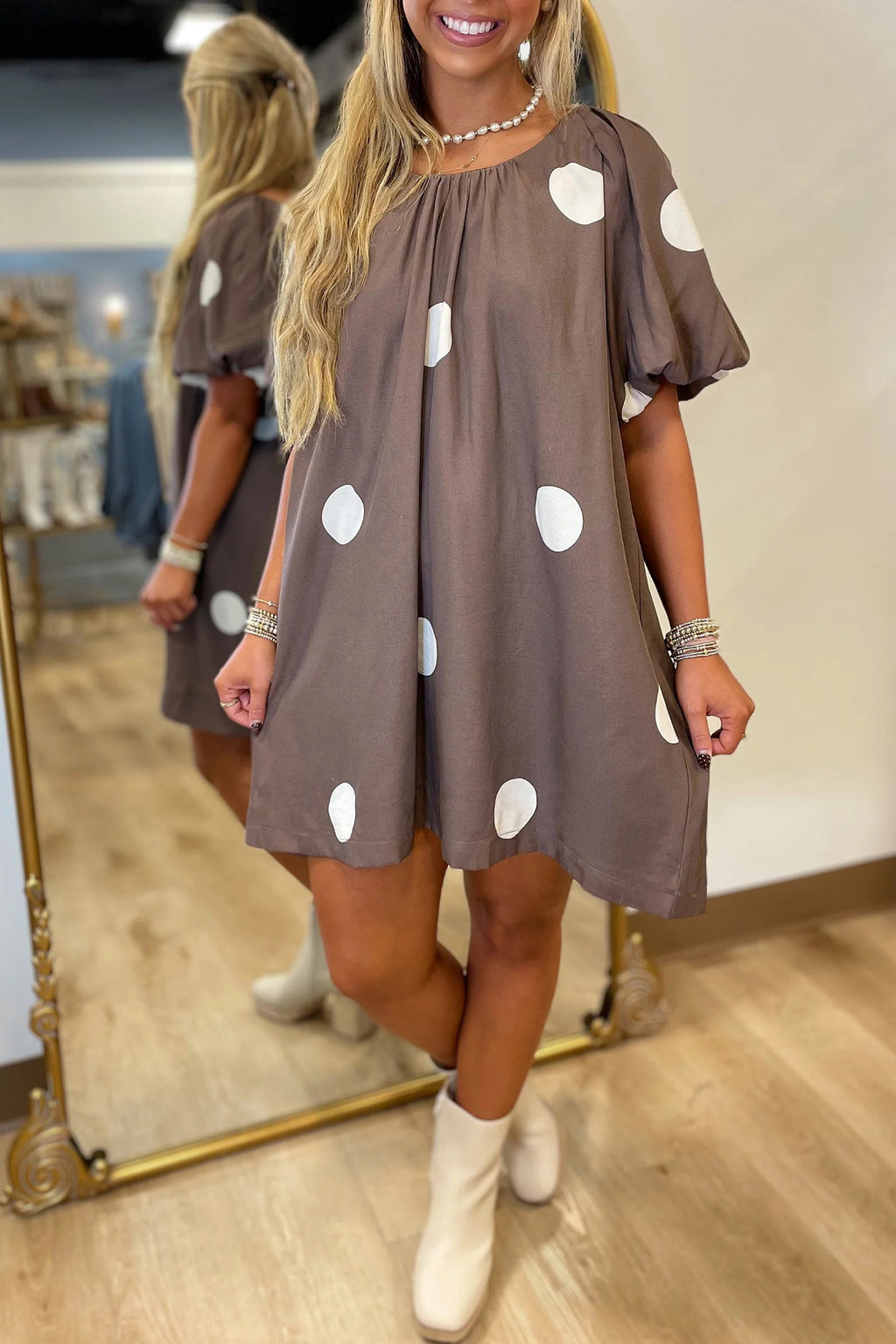 Shop Brown Polka Dot Puff Sleeve Mini Dress Knot Back Loose Fit UK 8-22 at LivelyLooks