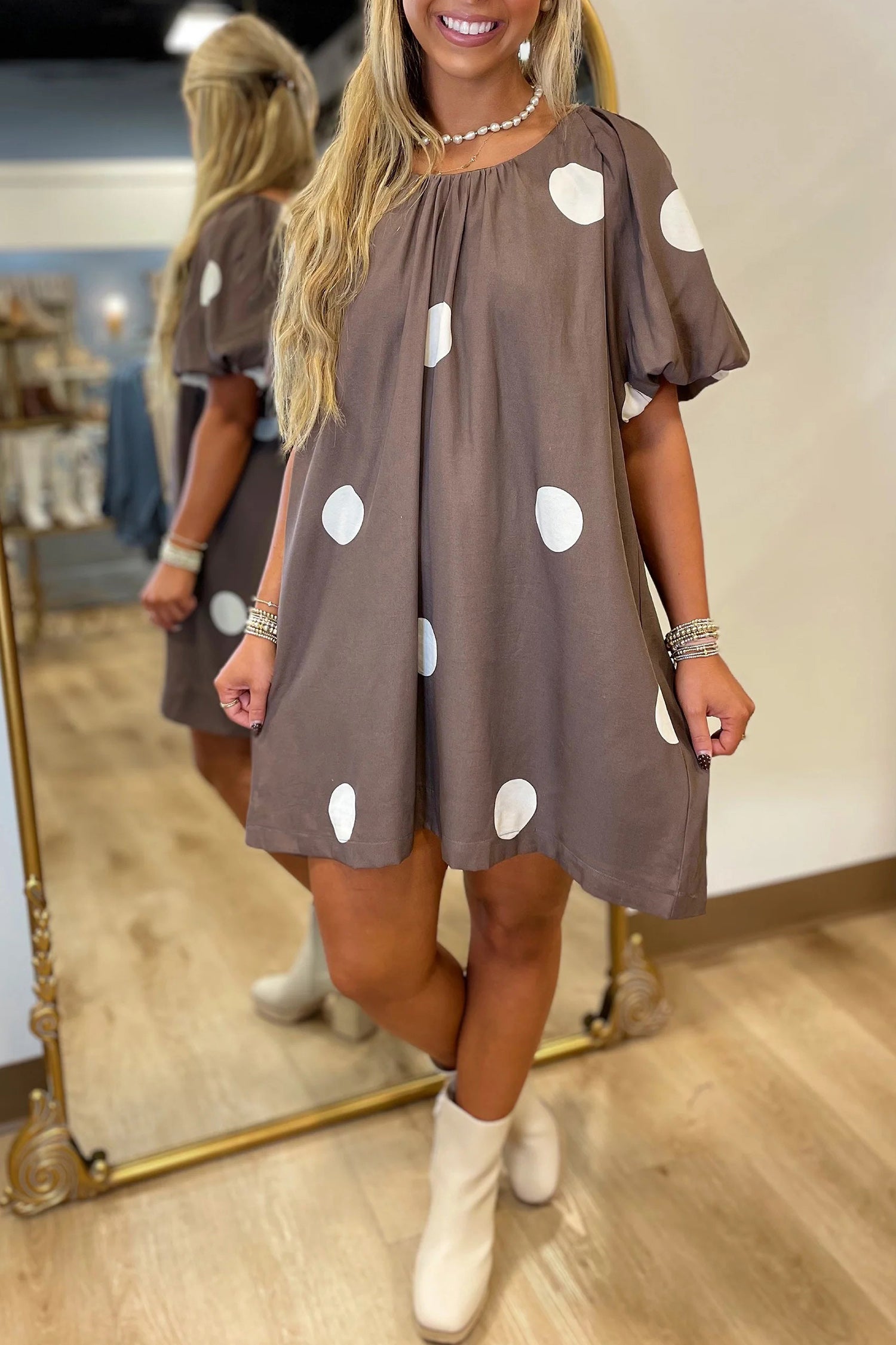 Shop Brown Polka Dot Puff Sleeve Mini Dress Knot Back Loose Fit UK 8-22 at LivelyLooks