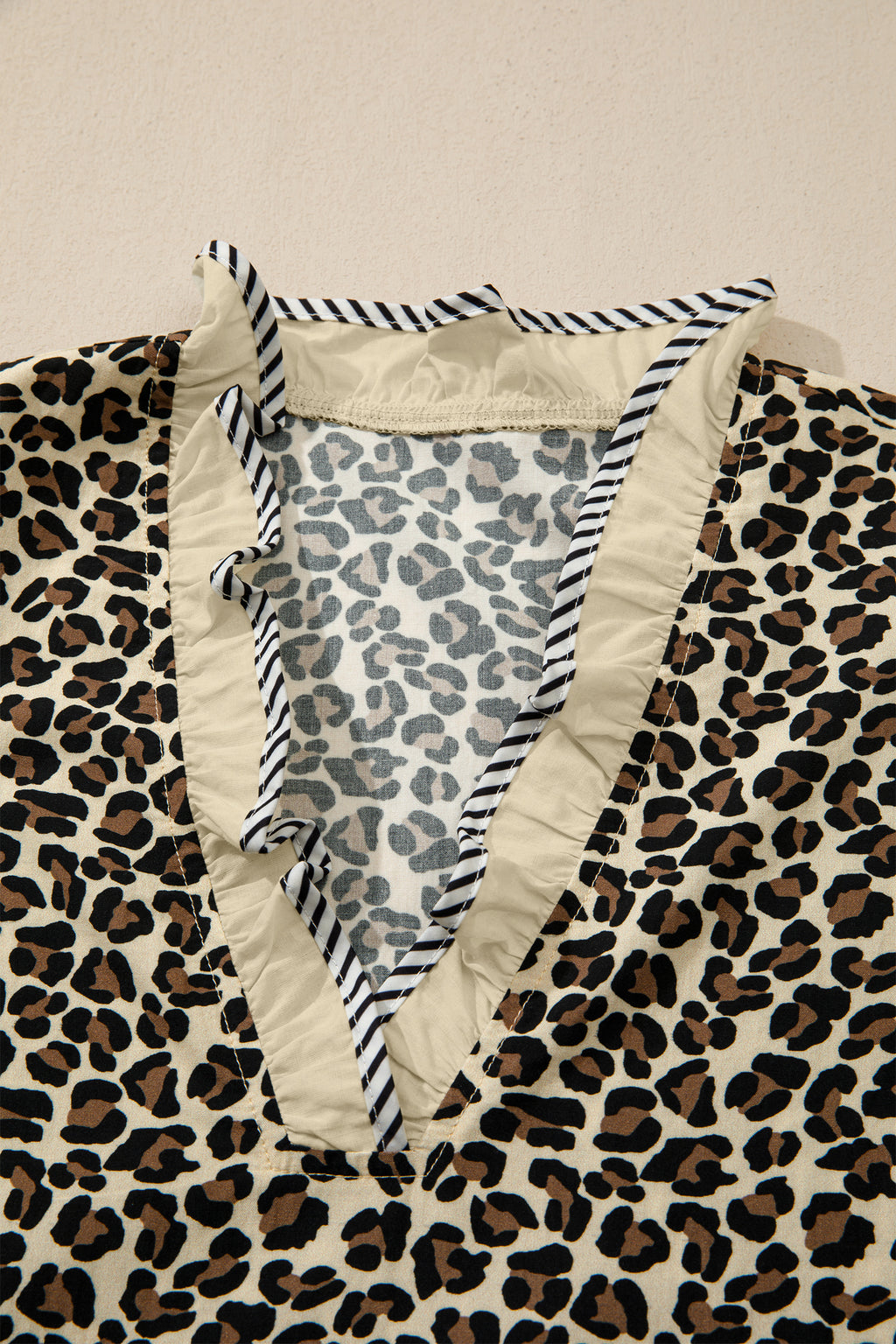 Women's Black Leopard Print Striped Color Block Trim V Neck Bracelet Sleeve Mini Dress at LivelyLooks