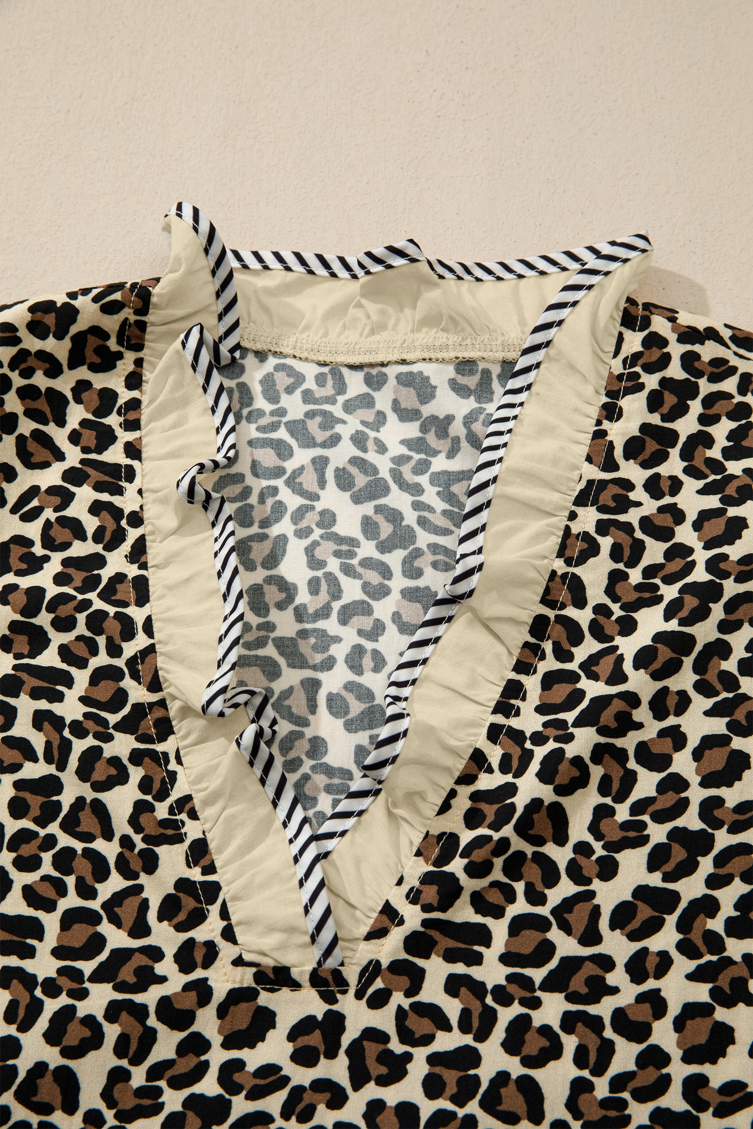 Women's Black Leopard Print Striped Color Block Trim V Neck Bracelet Sleeve Mini Dress at LivelyLooks