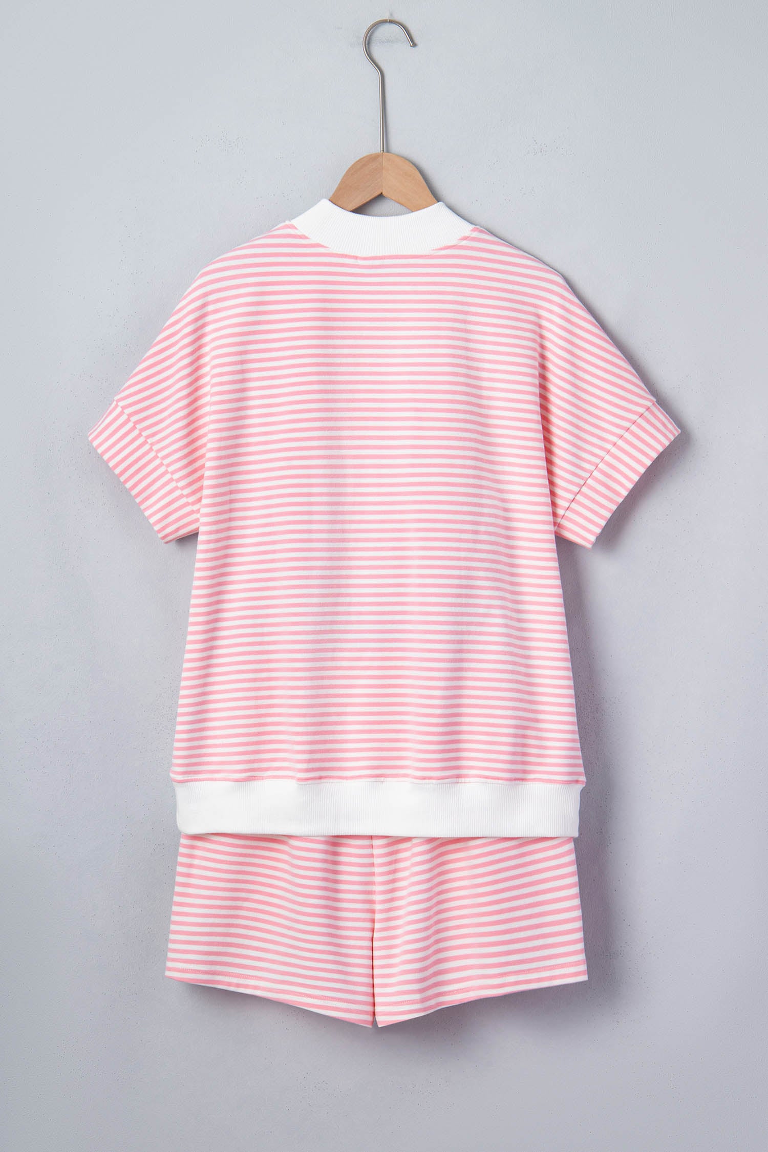 Pink Stripe Lake Weekend High Neck Short Sleeve 2-Piece Short Set