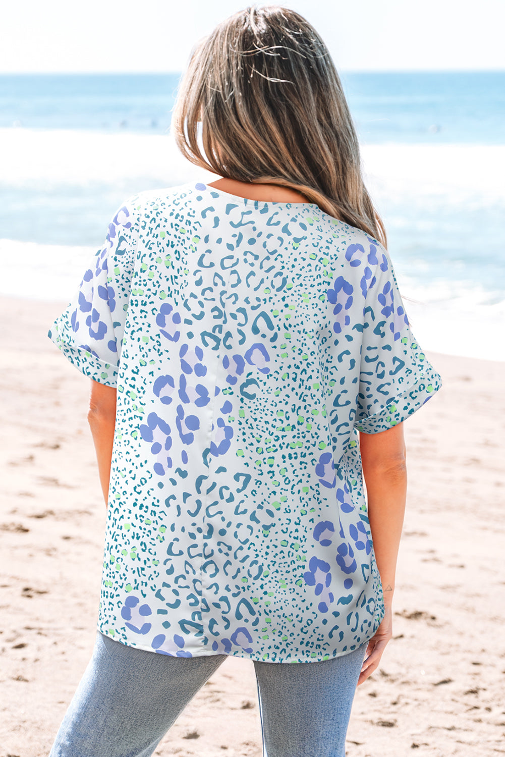 Leopard Print V Neck Blouse Short Sleeve Sky Blue Pink Green Women S-XL