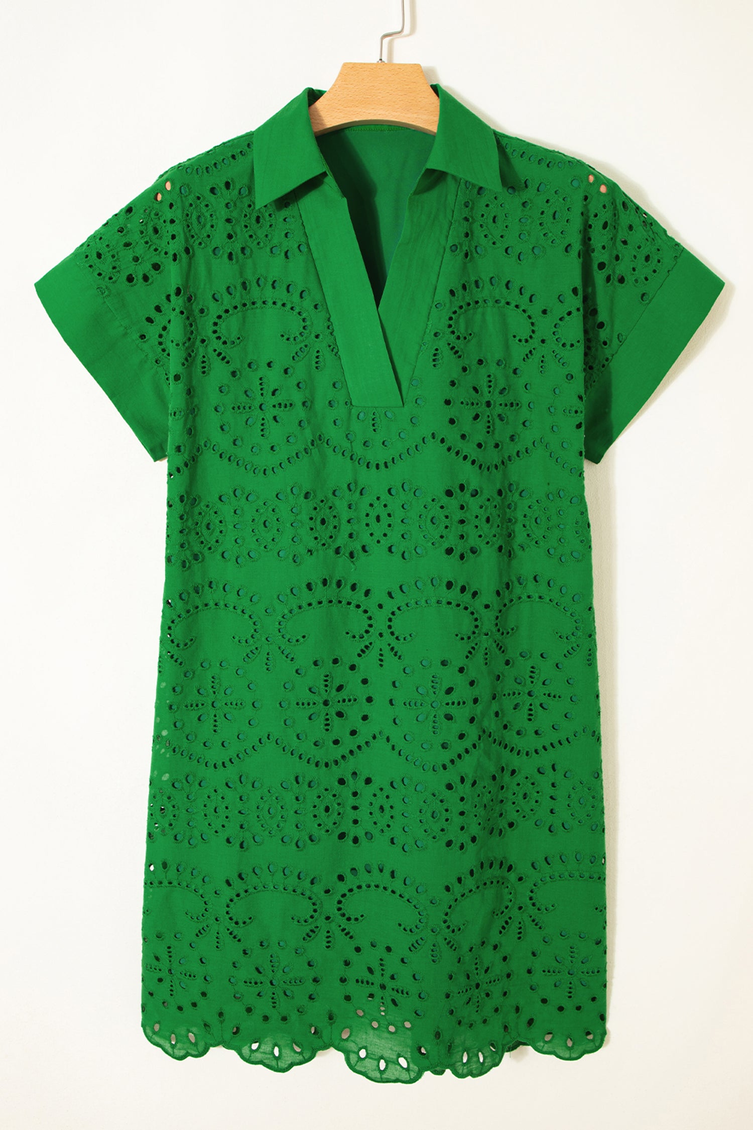 White & Green Eyelet Embroidered Short Sleeve T-Shirt Mini Dress