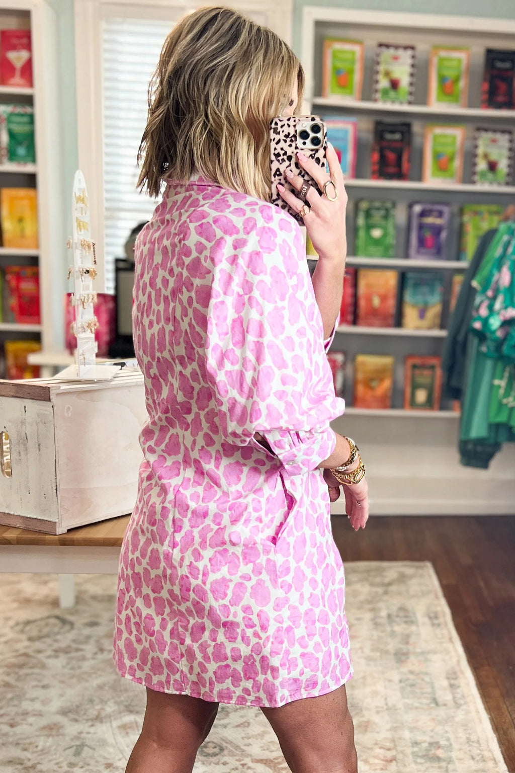 Pink Abstract Leopard Print Tie Waist Puff Sleeve Mini Shirt Dress | UK 8–22