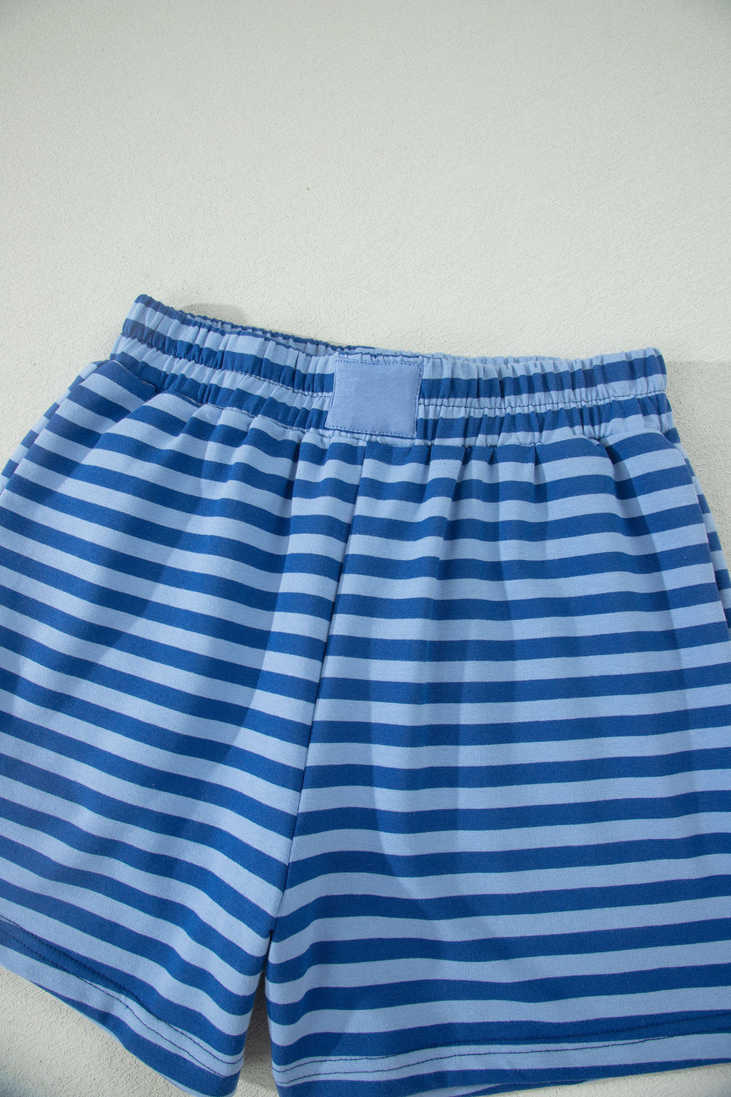 Striped Ribbed Cotton Short Set with Chest Patch Detail | Blue & Navy Stripe